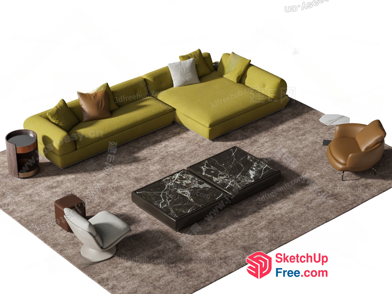 Modern Living Room With Yellow Sofa And Brown Rug 3D SketchUp File