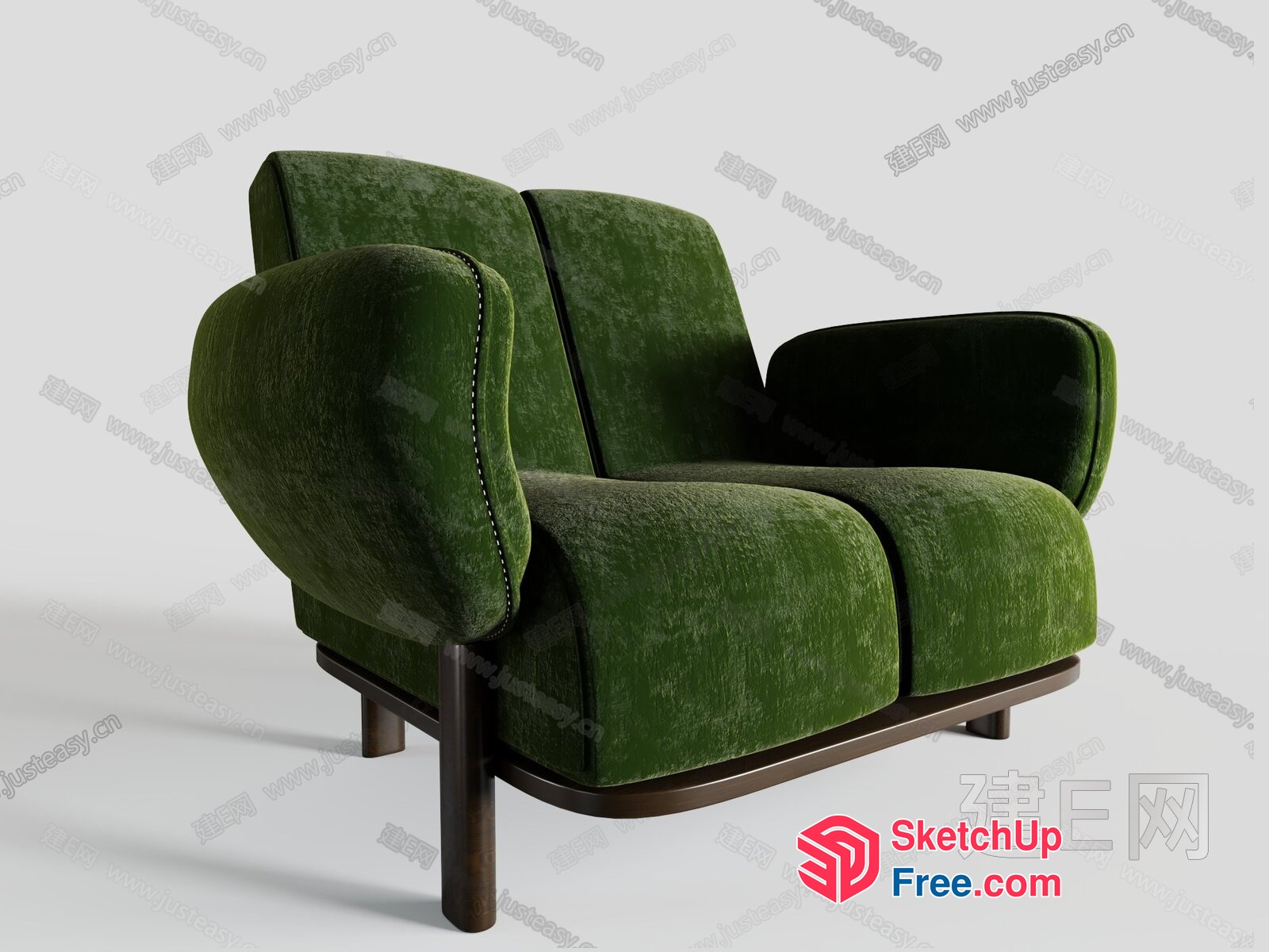 Green Velvet Sofa With Dark Brown Wooden Frame 3D SketchUp File