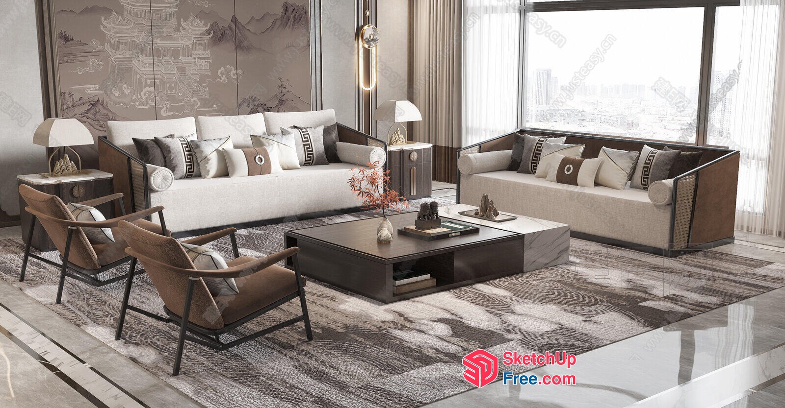 Modern Asian-Inspired Living Room With Elegant Furniture 3D SketchUp File