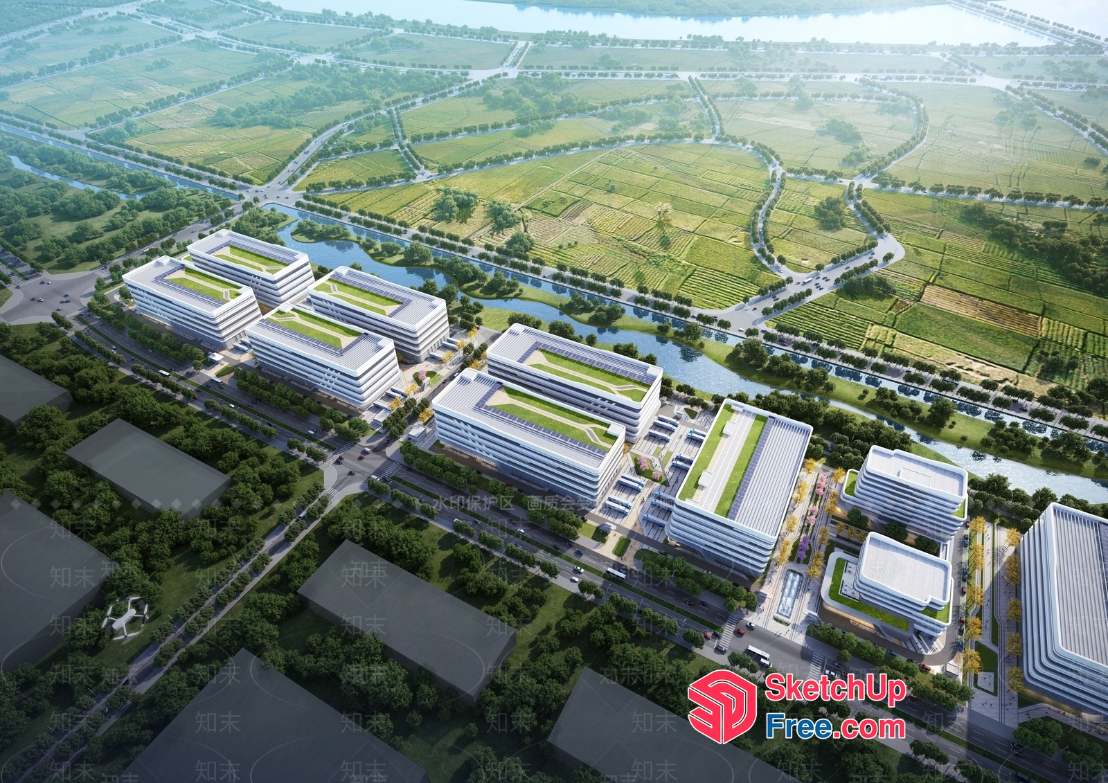 Modern Industrial Park Office Buildings 3D SketchUp File