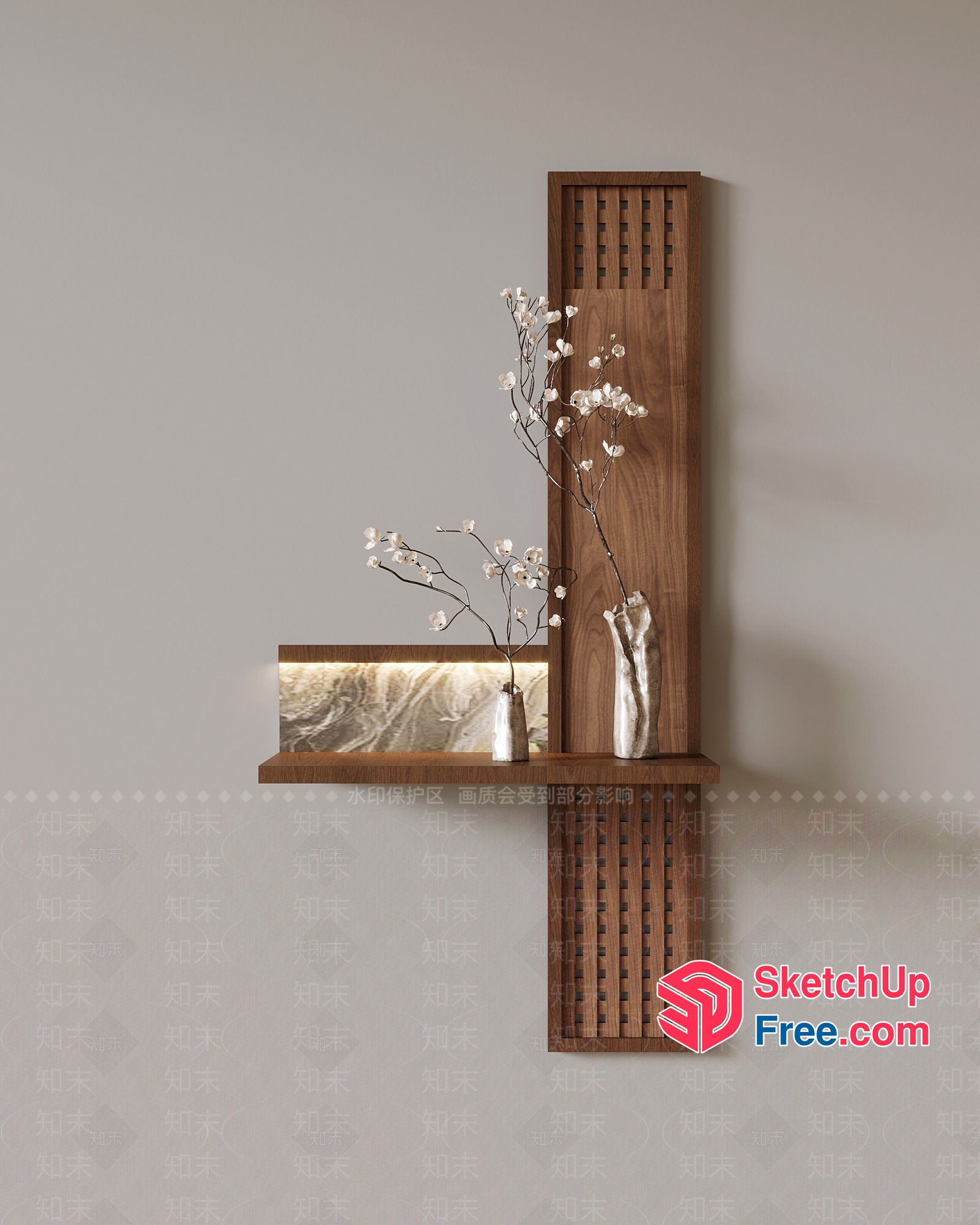 Wooden Shelf With Decorative Vases And White Flowers 3D SketchUp File