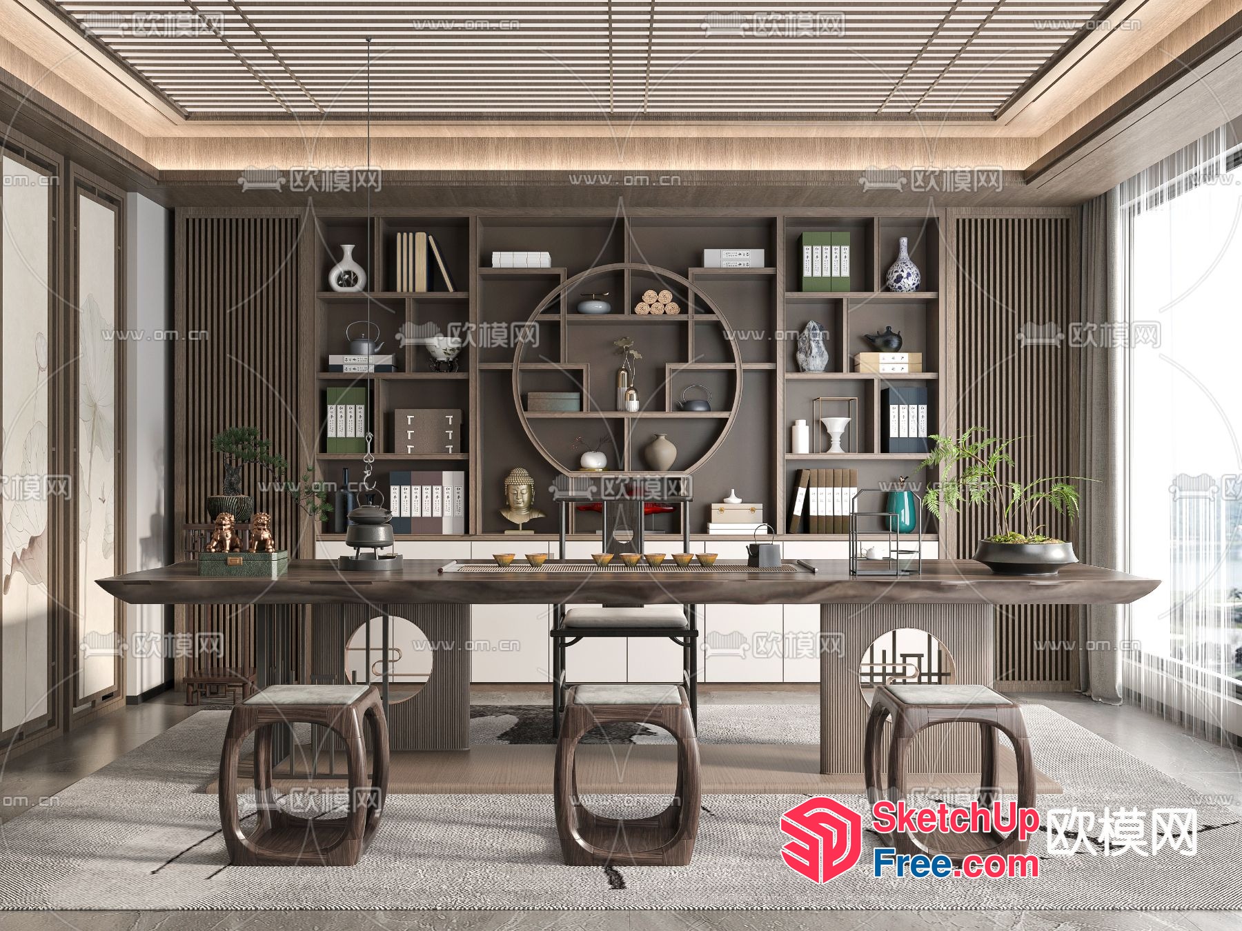 Modern Minimalist Japanese-Style Study Room With Wood Accents 3D SketchUp File