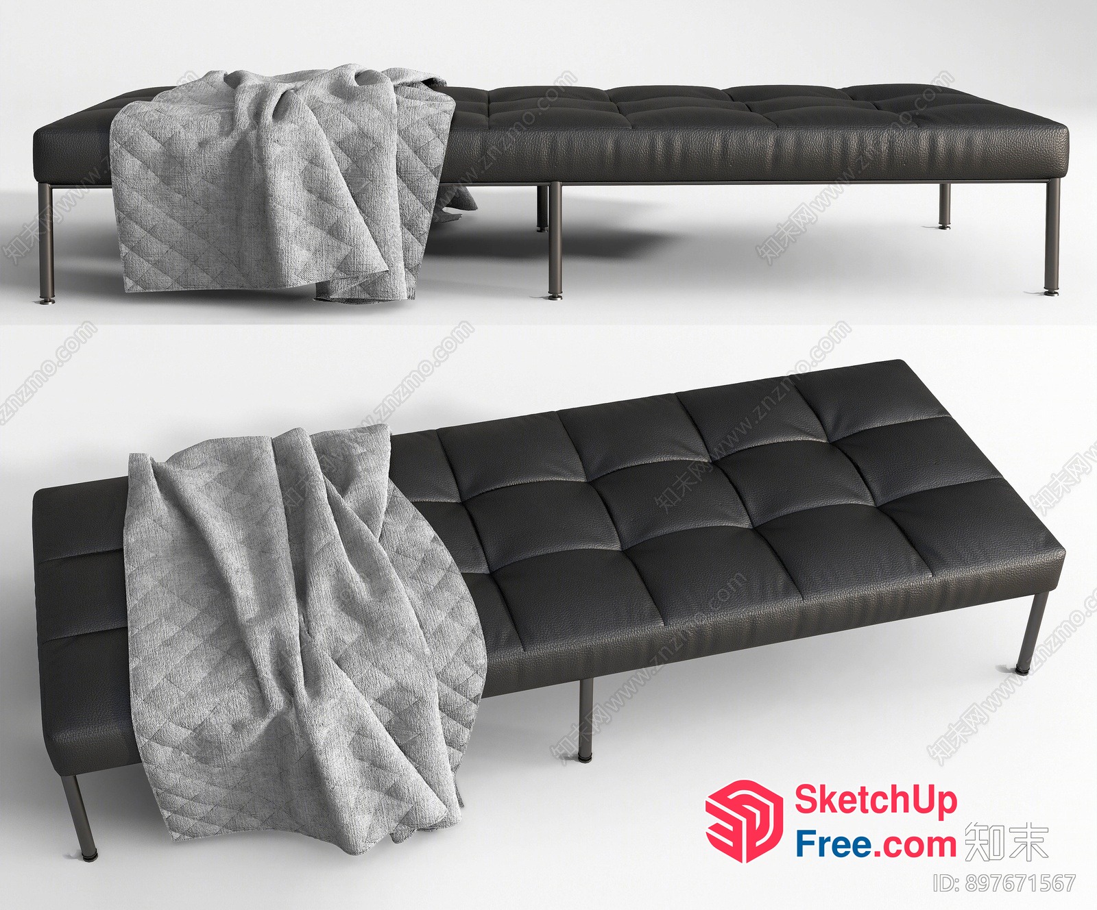 Modern Minimalist Black Leather Sofa With Grey Throw 3D SketchUp File