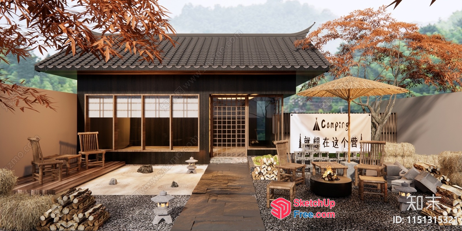 Traditional Japanese Home Exterior With Wabi-Sabi Style Decor 3D SketchUp File