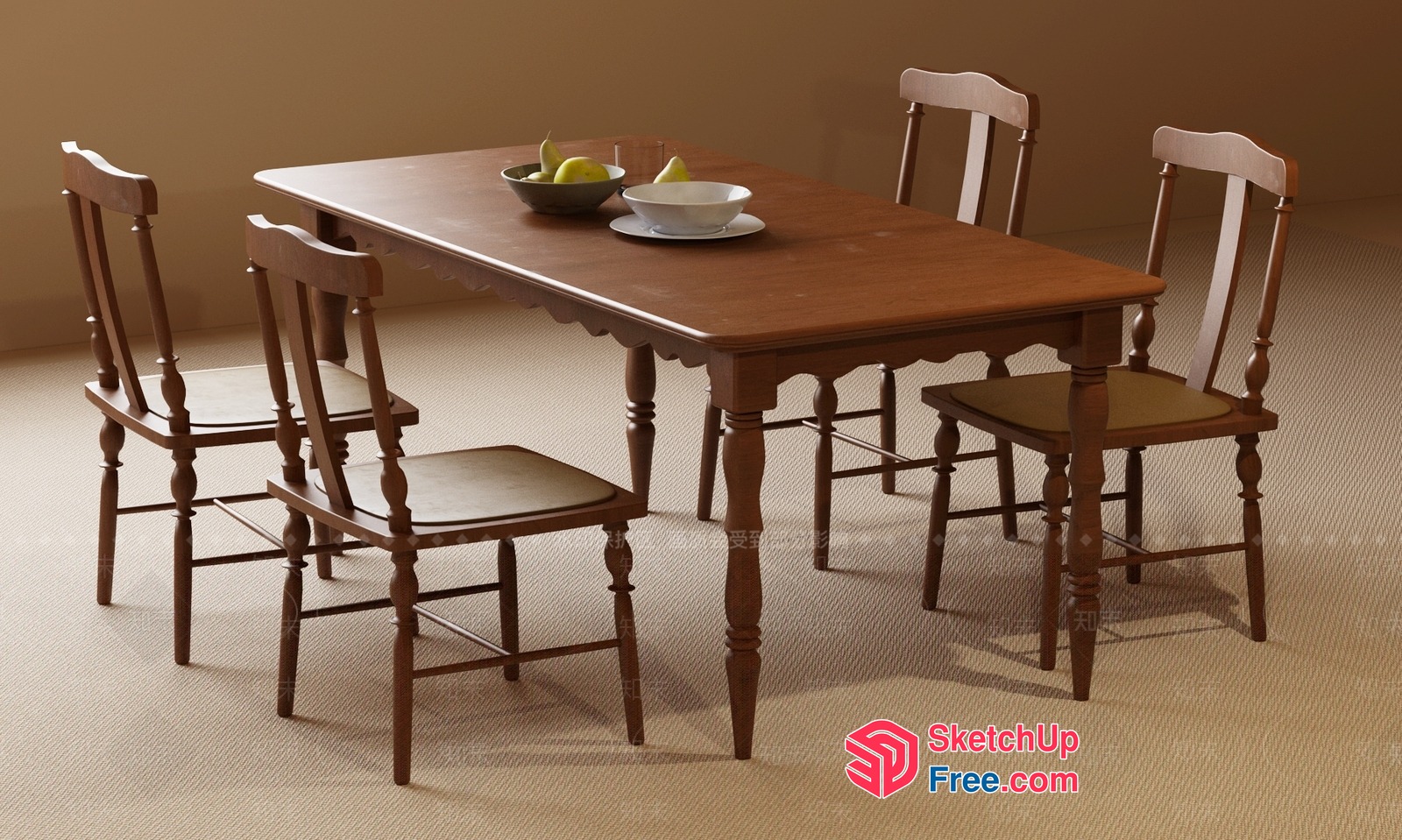 Classic Wooden Dining Table Set With Elegant Chairs 3D SketchUp File