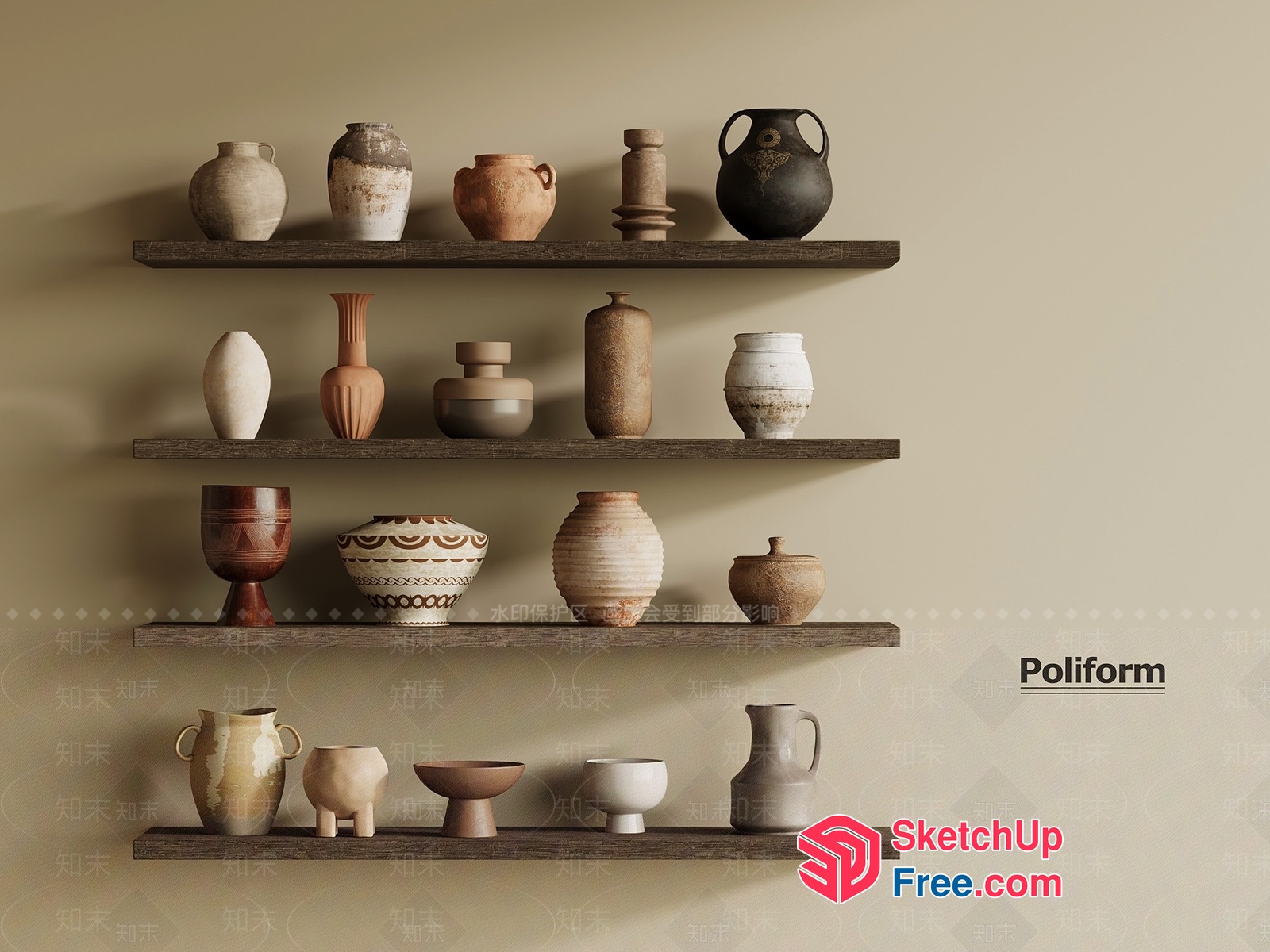 Decorative Shelf With A Collection Of Vintage Ceramic Vases And Jugs 3D SketchUp File