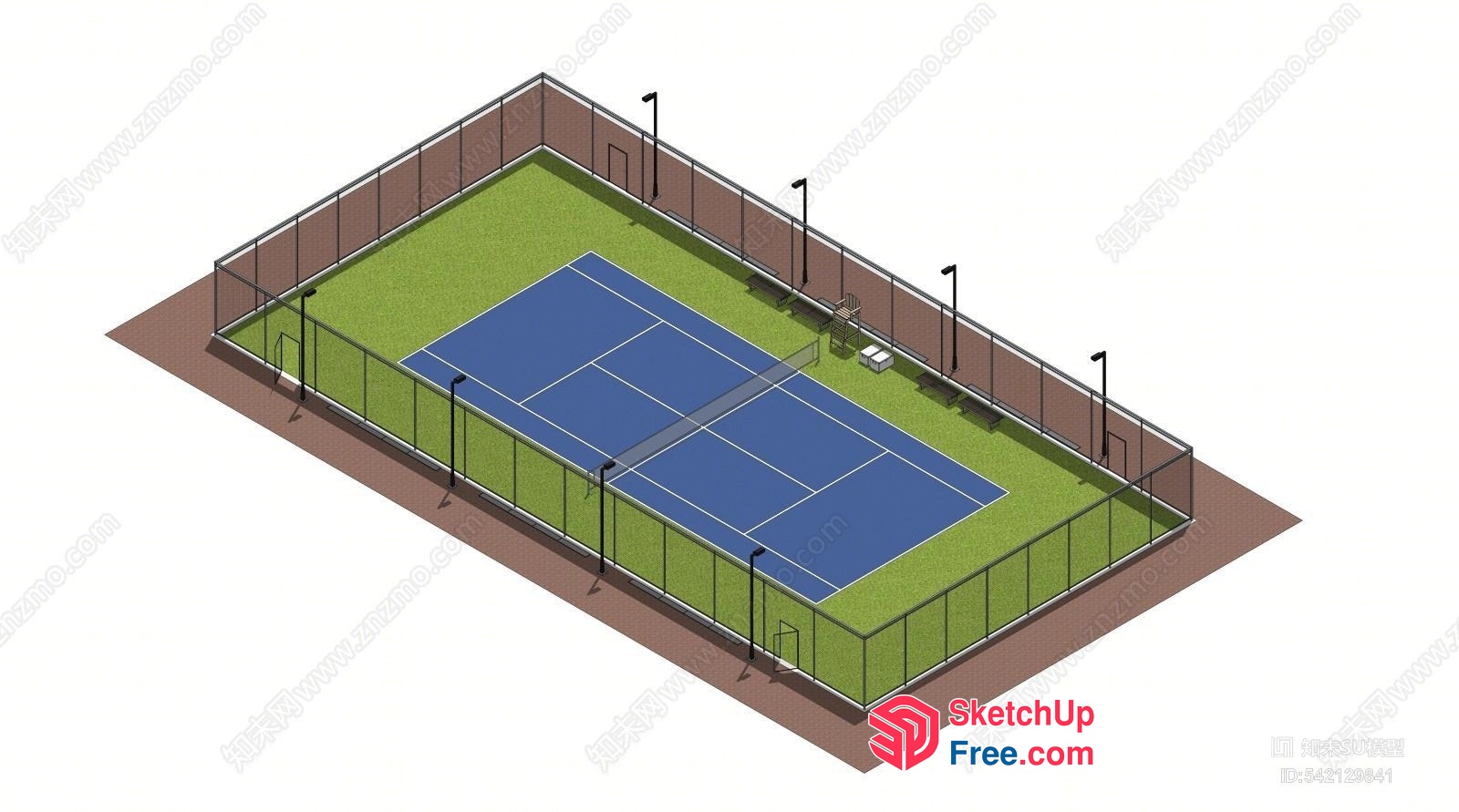 Tennis Court With Blue Surface And Green Surroundings 3D SketchUp File