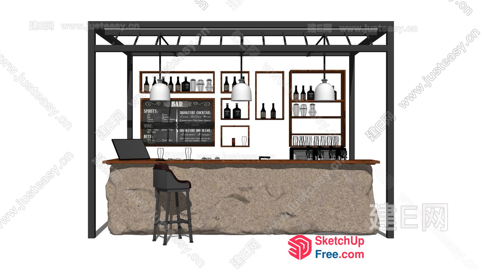 Rustic Bar Counter With Stone Base And Wooden Top 3D SketchUp File