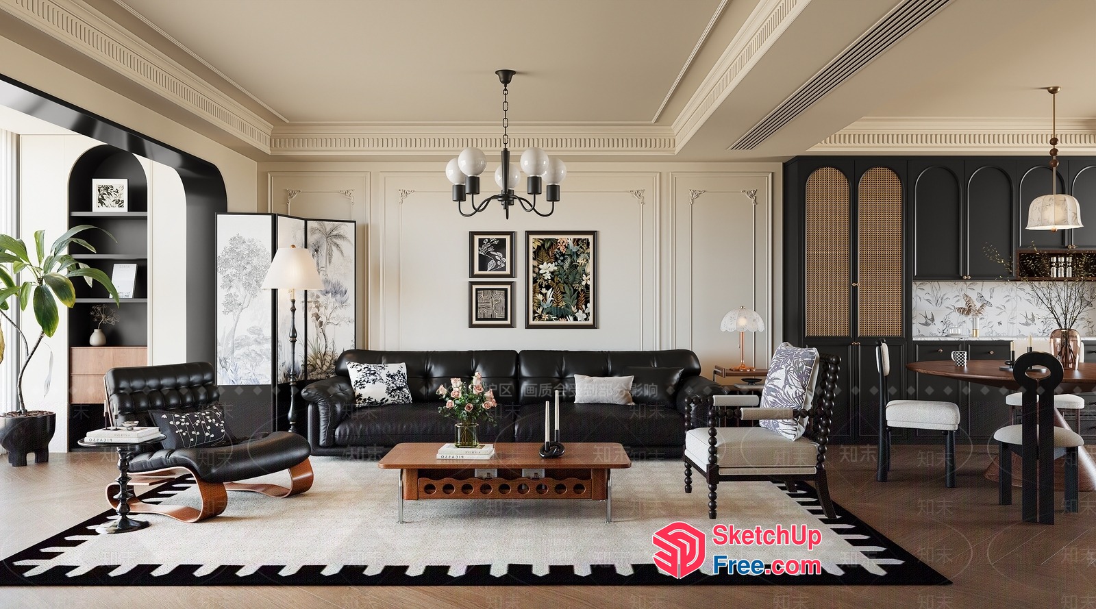 Luxurious Living Room With Black Leather Sofa And Elegant Chandelier 3D SketchUp File