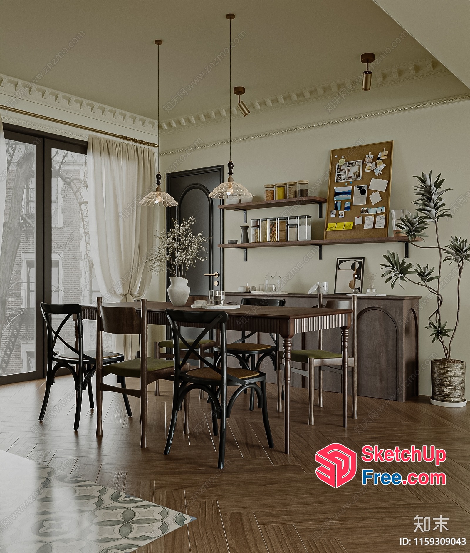 Elegant Dining Room With Classic Moulding And Wood Furniture 3D SketchUp File