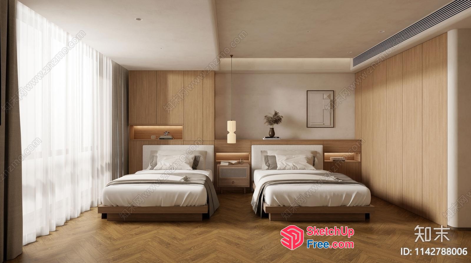 Two Beds In A Neutral-Colored Room With Wood Accents 3D SketchUp File