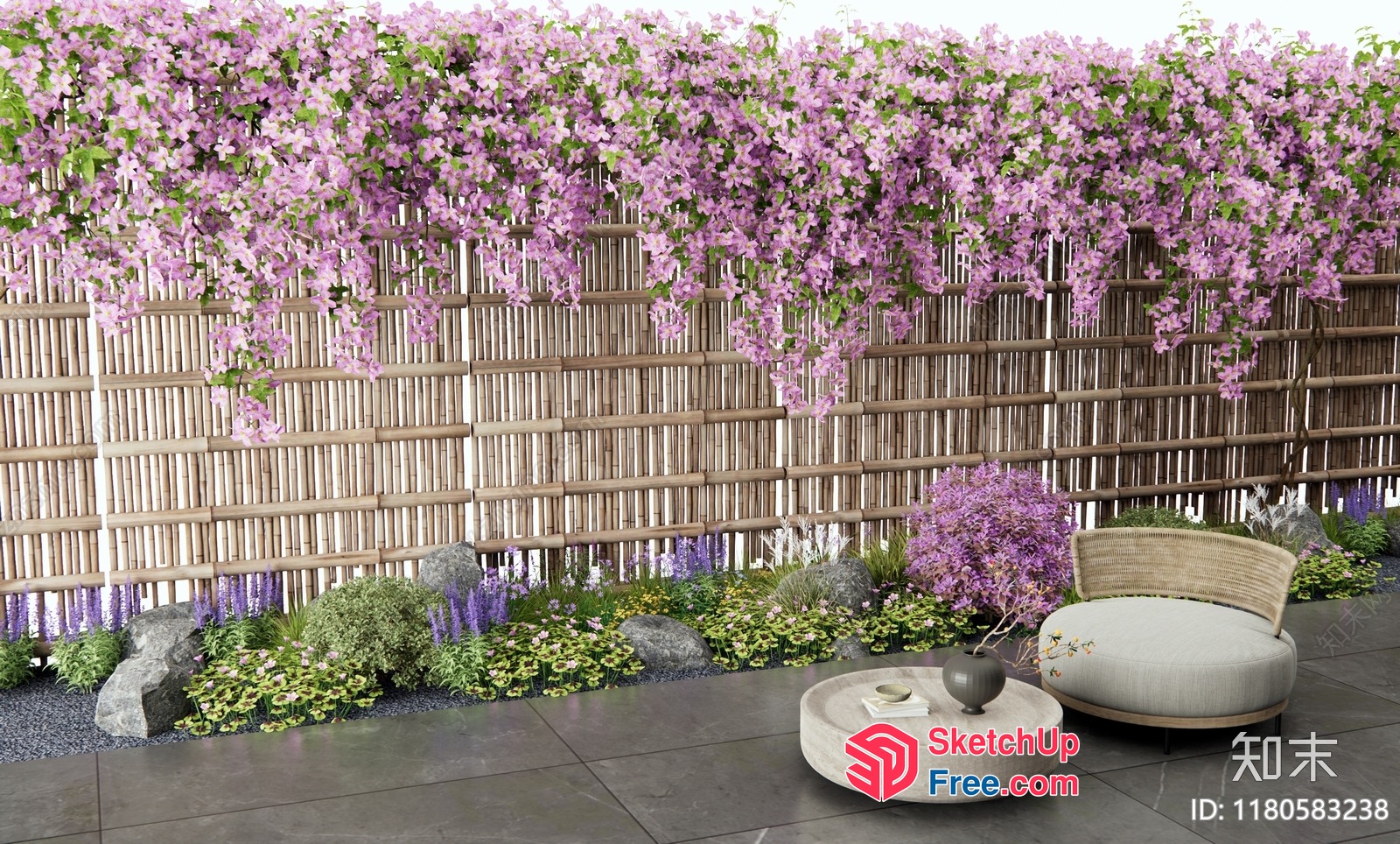 Elegant Japanese-Inspired Outdoor Seating Area With Wisteria Decor 3D SketchUp File