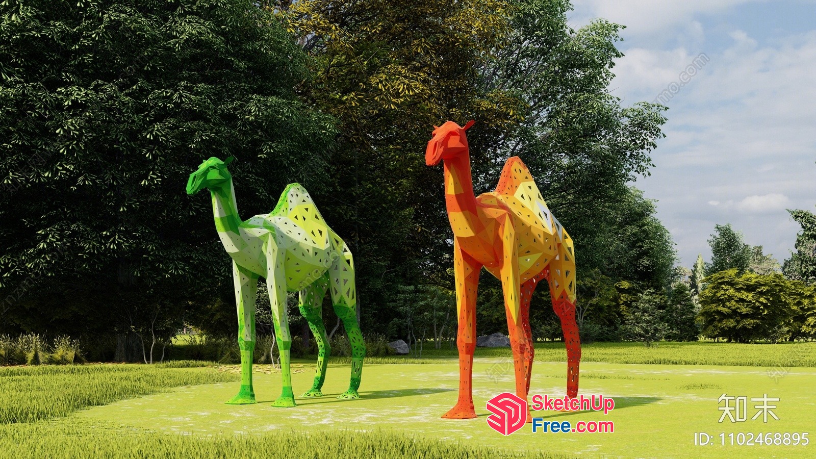 Vibrant Metal Camels In A Lush Green Landscape 3D SketchUp File