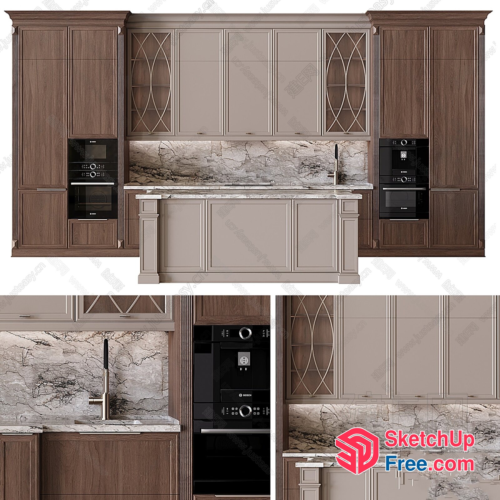 Elegant Modern Kitchen With Marble Countertops And Wood Cabinets 3D SketchUp File