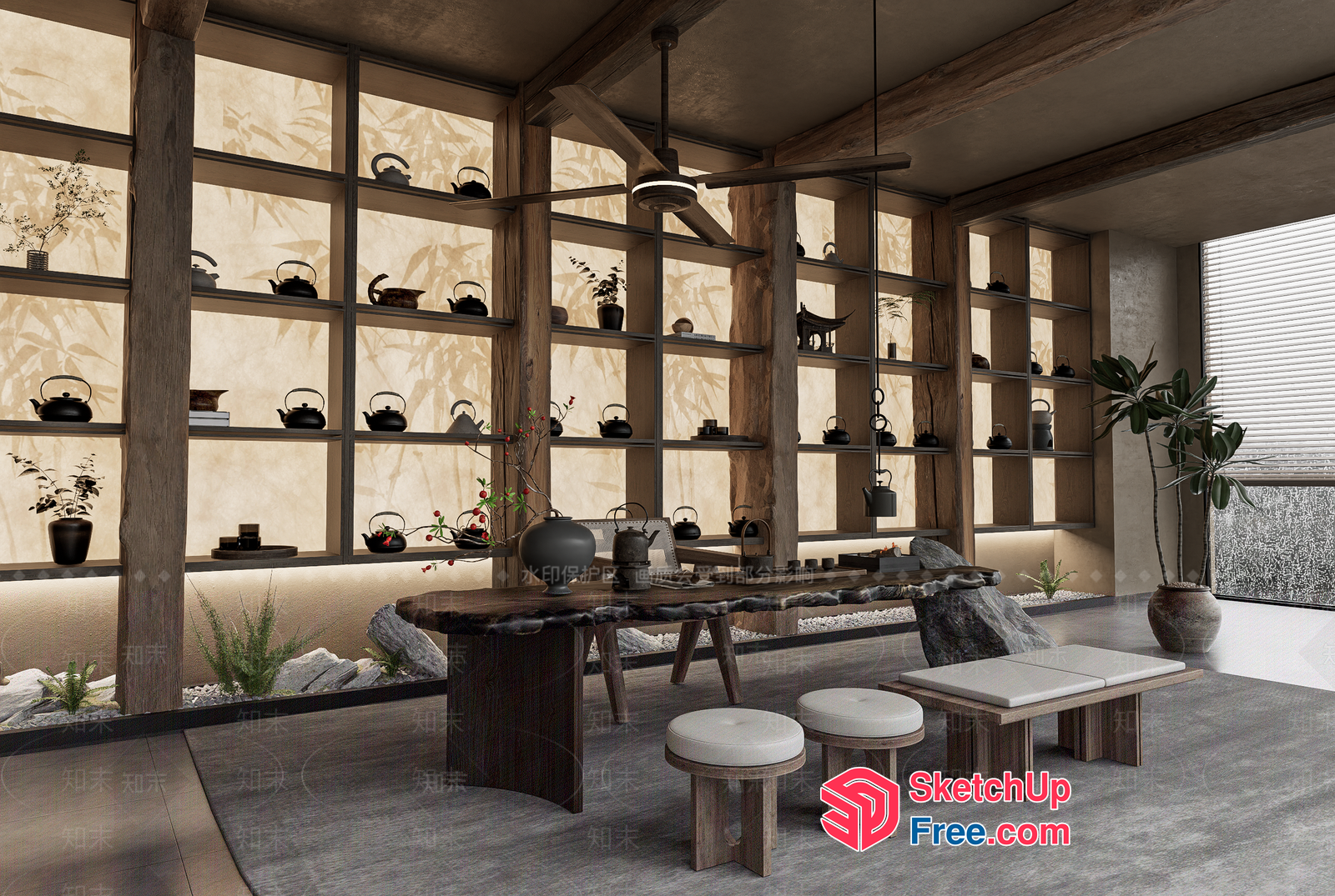 Modern Japanese-Style Tea Room With Natural Materials And Plants 3D SketchUp File