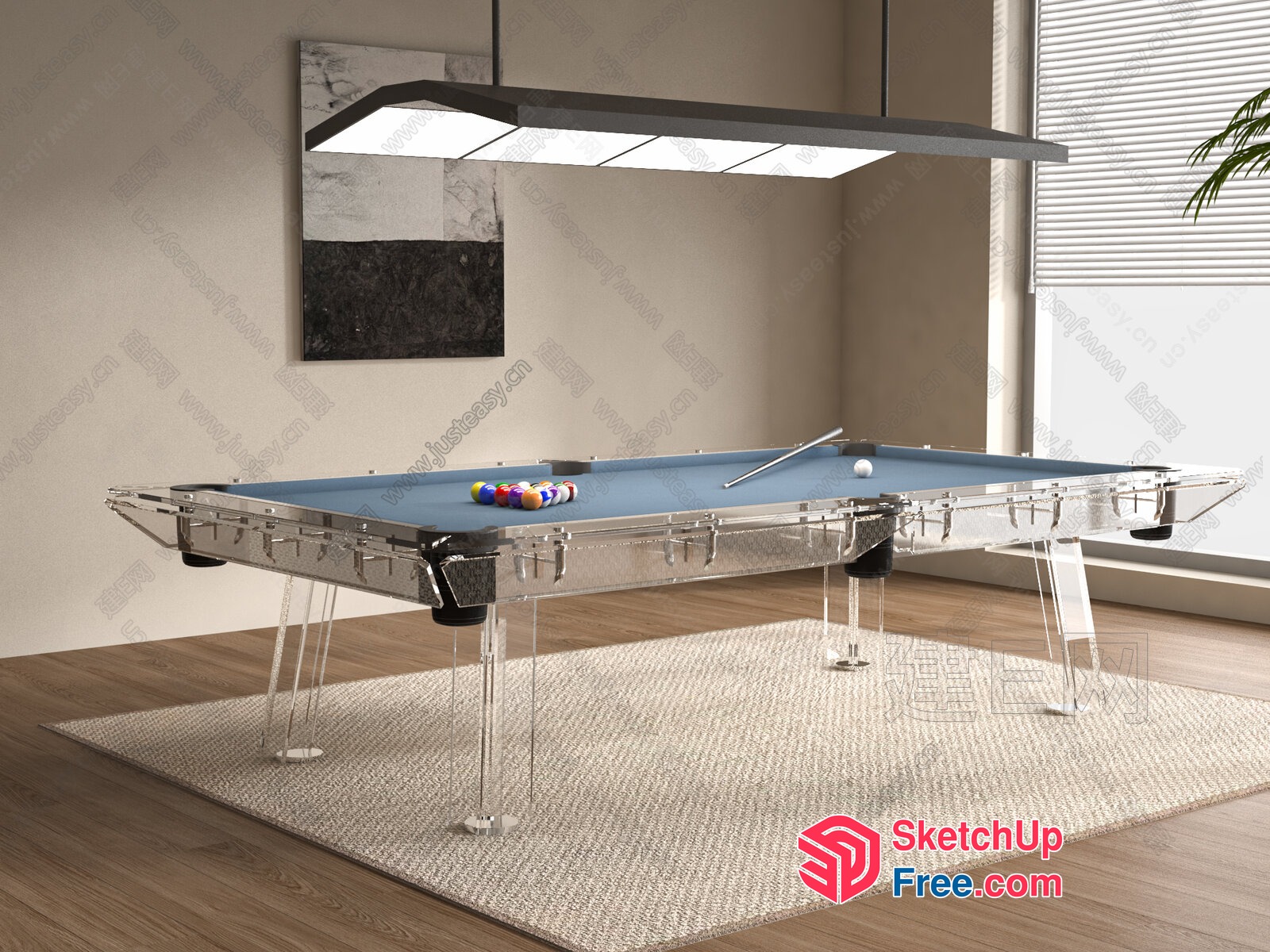 Modern Pool Table With Blue Felt And Clear Legs 3D SketchUp File