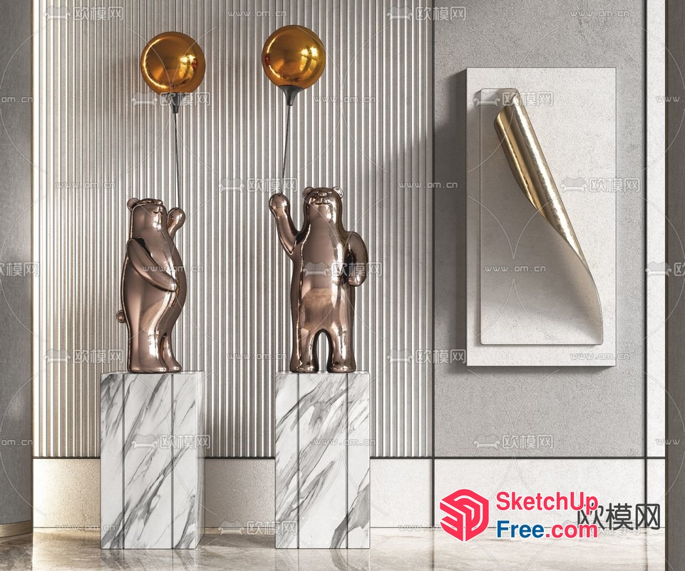 Elegant Bronze And Marble Sculpture Trio 3D SketchUp File
