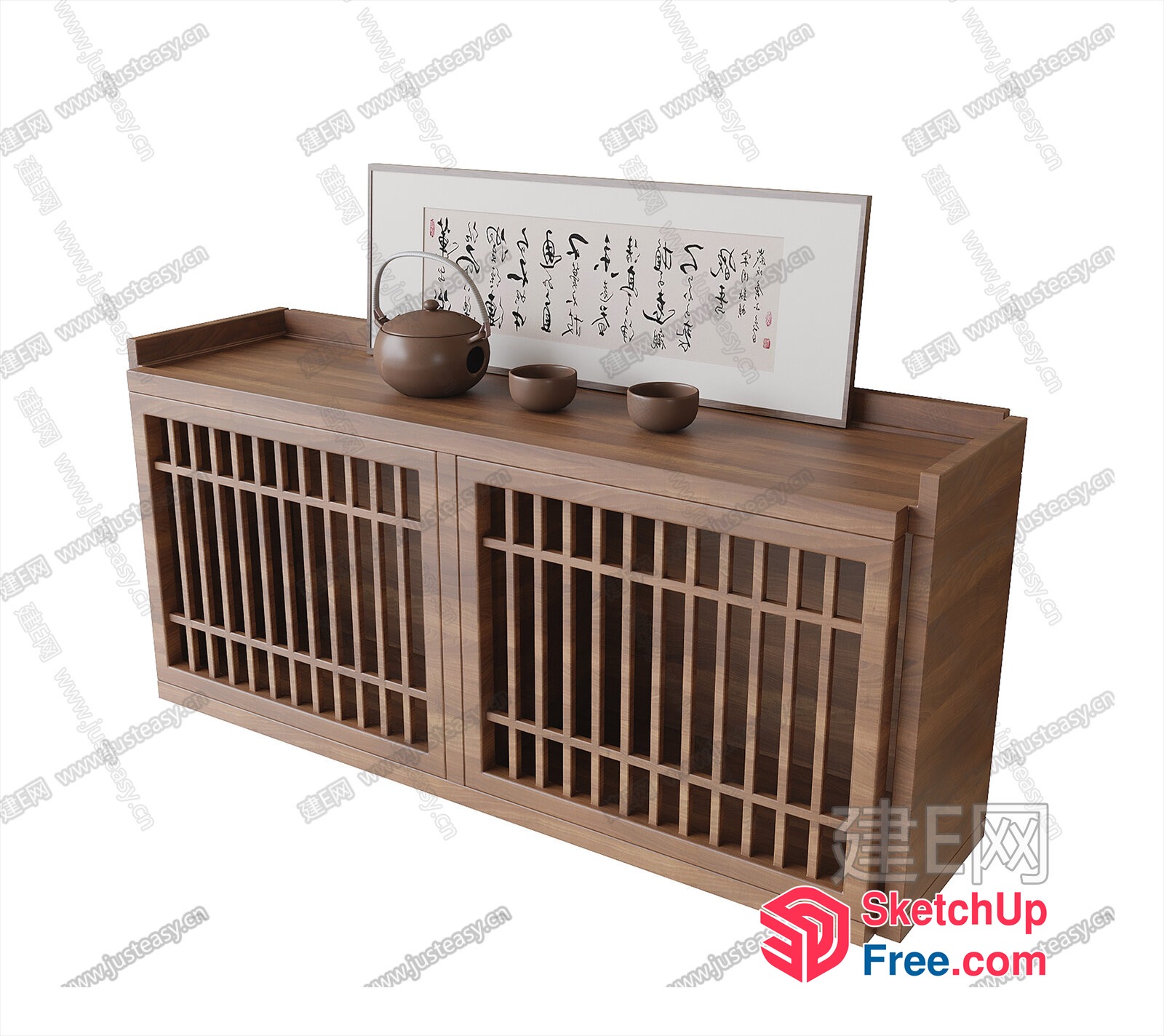 Japanese-Inspired Decorative Cabinet With Traditional Tea Set 3D SketchUp File