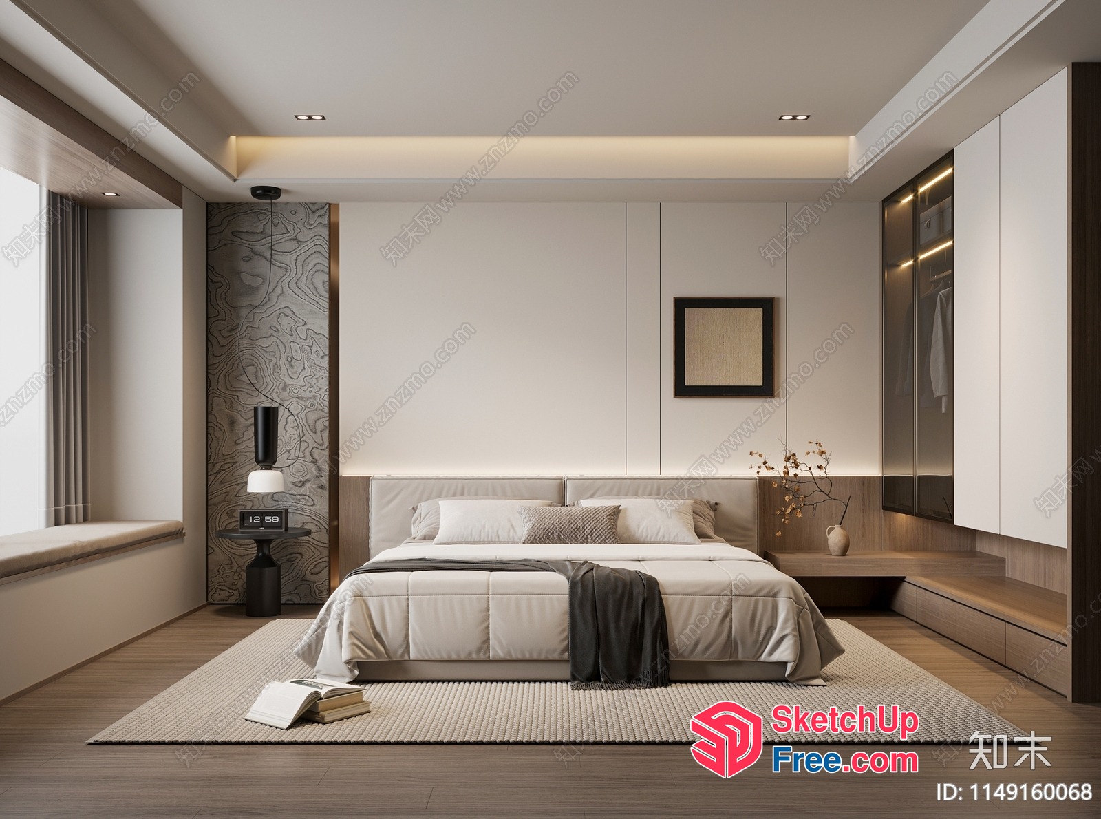 Modern Minimalist Japanese Style Bedroom With Natural Wood Accents 3D SketchUp File