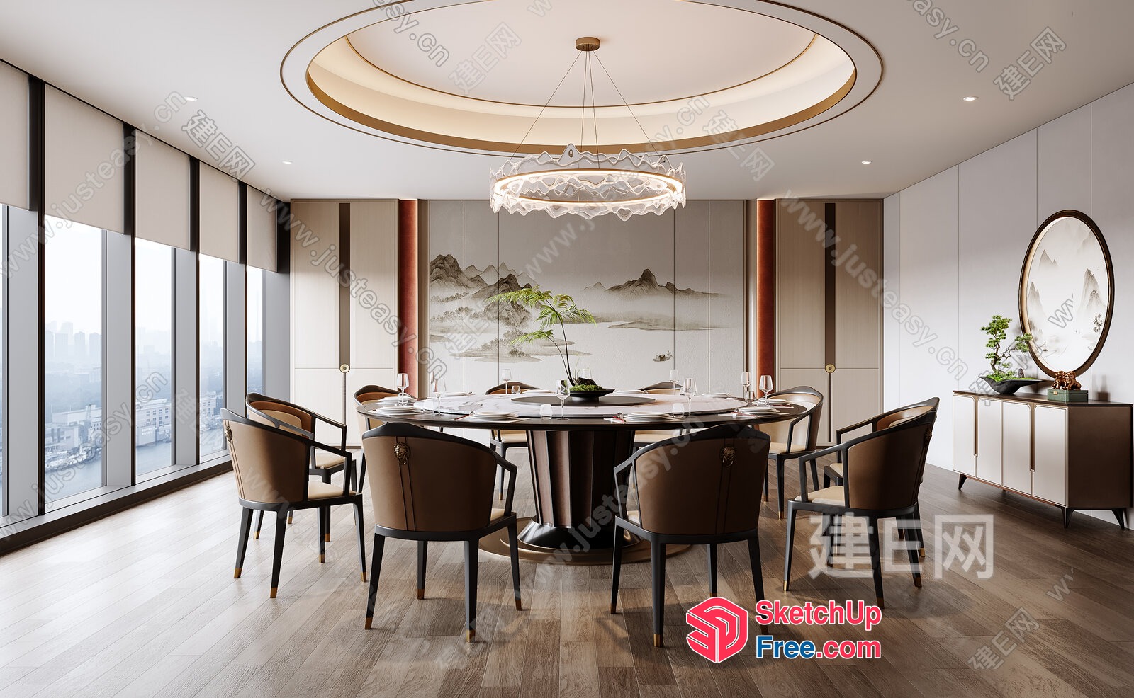 Elegant Dining Room With Round Table And Chandelier 3D SketchUp File