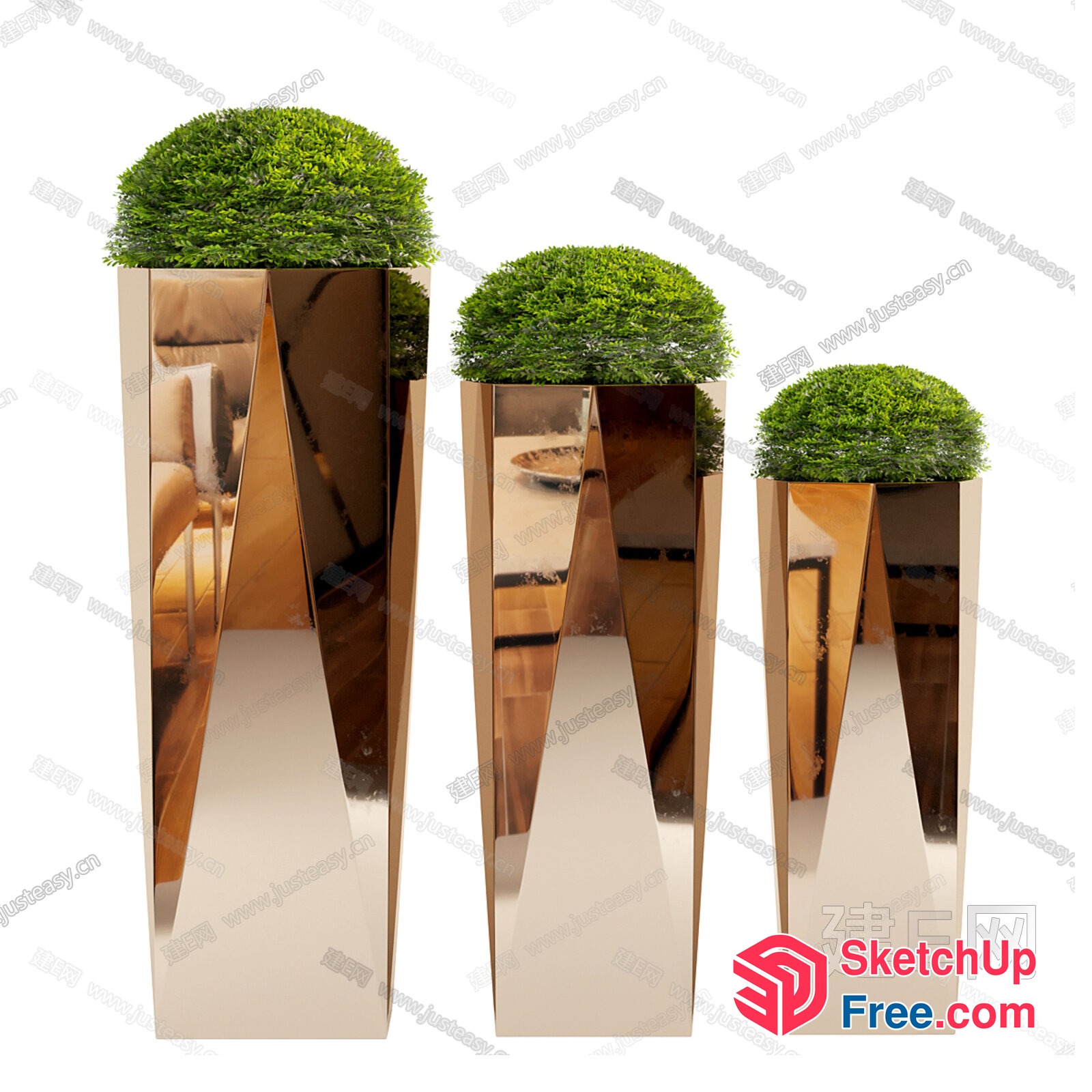 Three Modern Silver Pillars With Green Topiary 3D SketchUp File