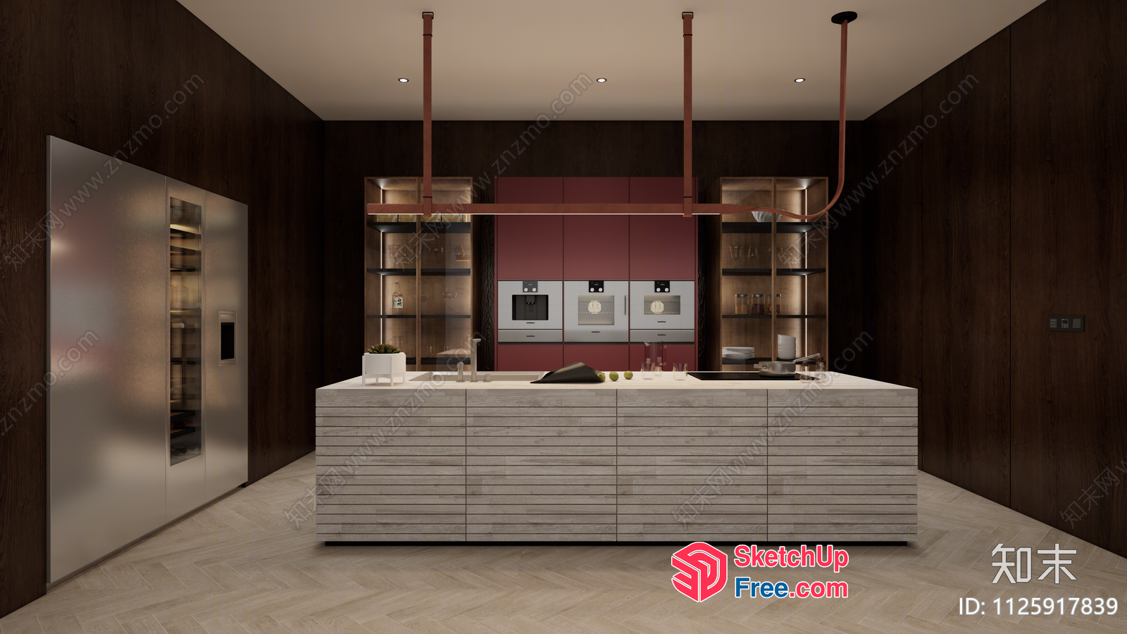 Modern Kitchen With Copper Accents And Red Cabinets 3D SketchUp File