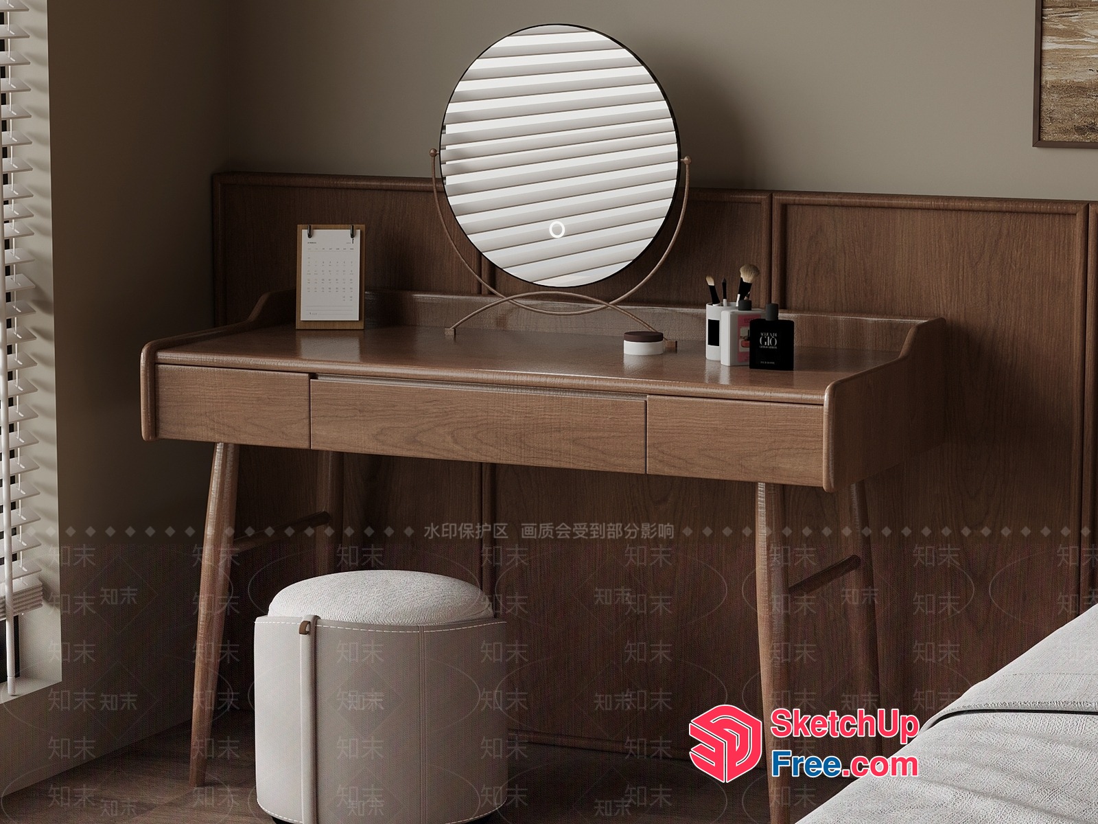 Elegant Wood Dresser With Mirror And Stool 3D SketchUp File