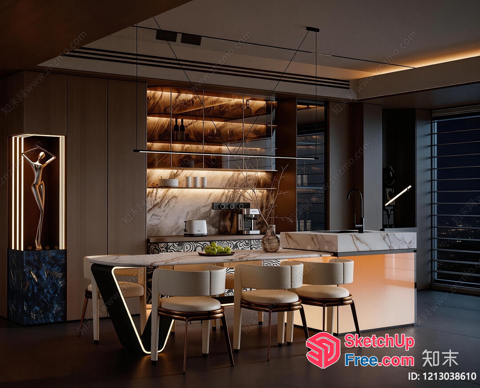 Modern Kitchen Island And Dining Area With Marble And Wood Accents 3D SketchUp File