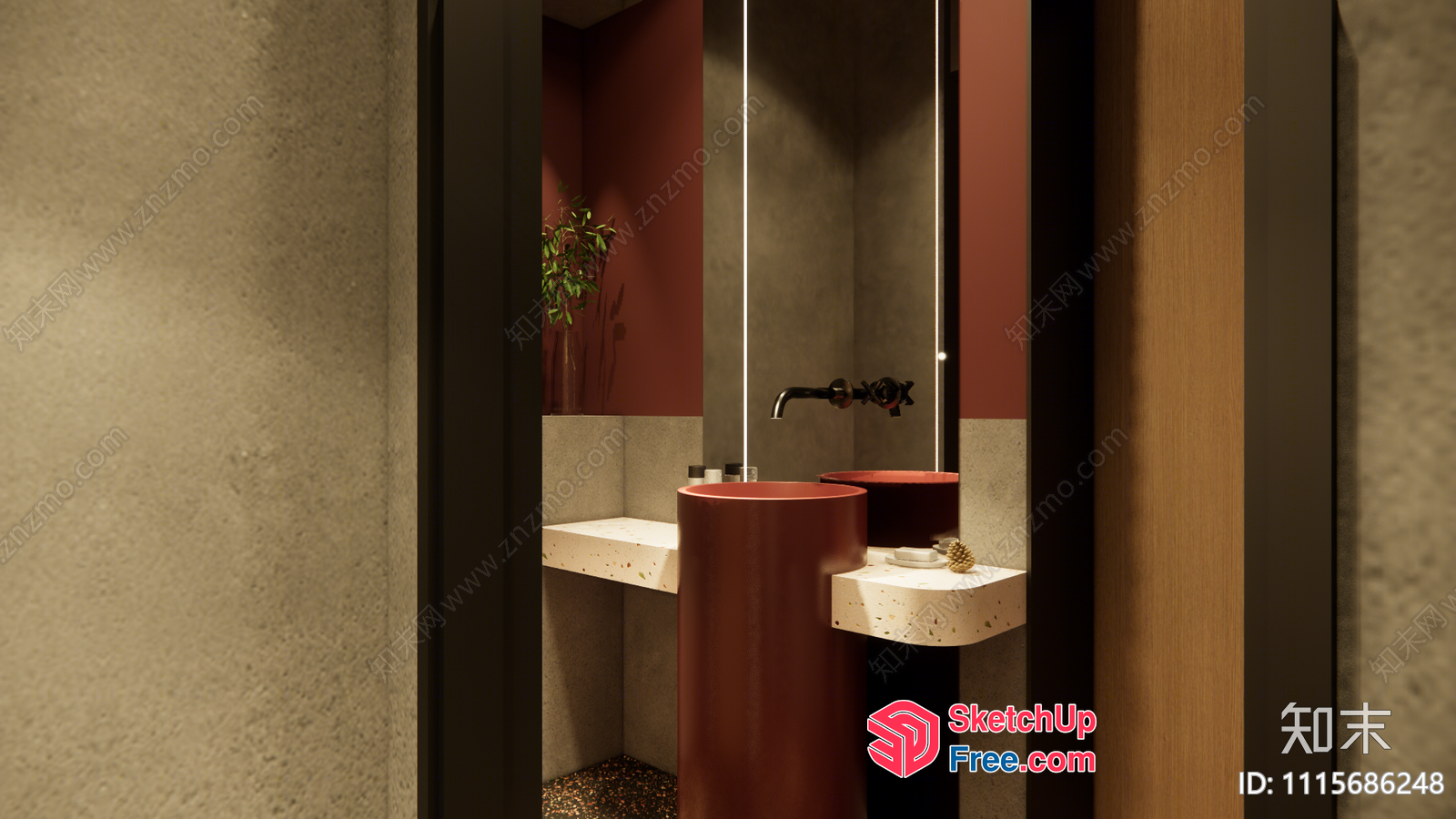 Modern Bathroom Sink With Red Pedestal And Mirror 3D SketchUp File
