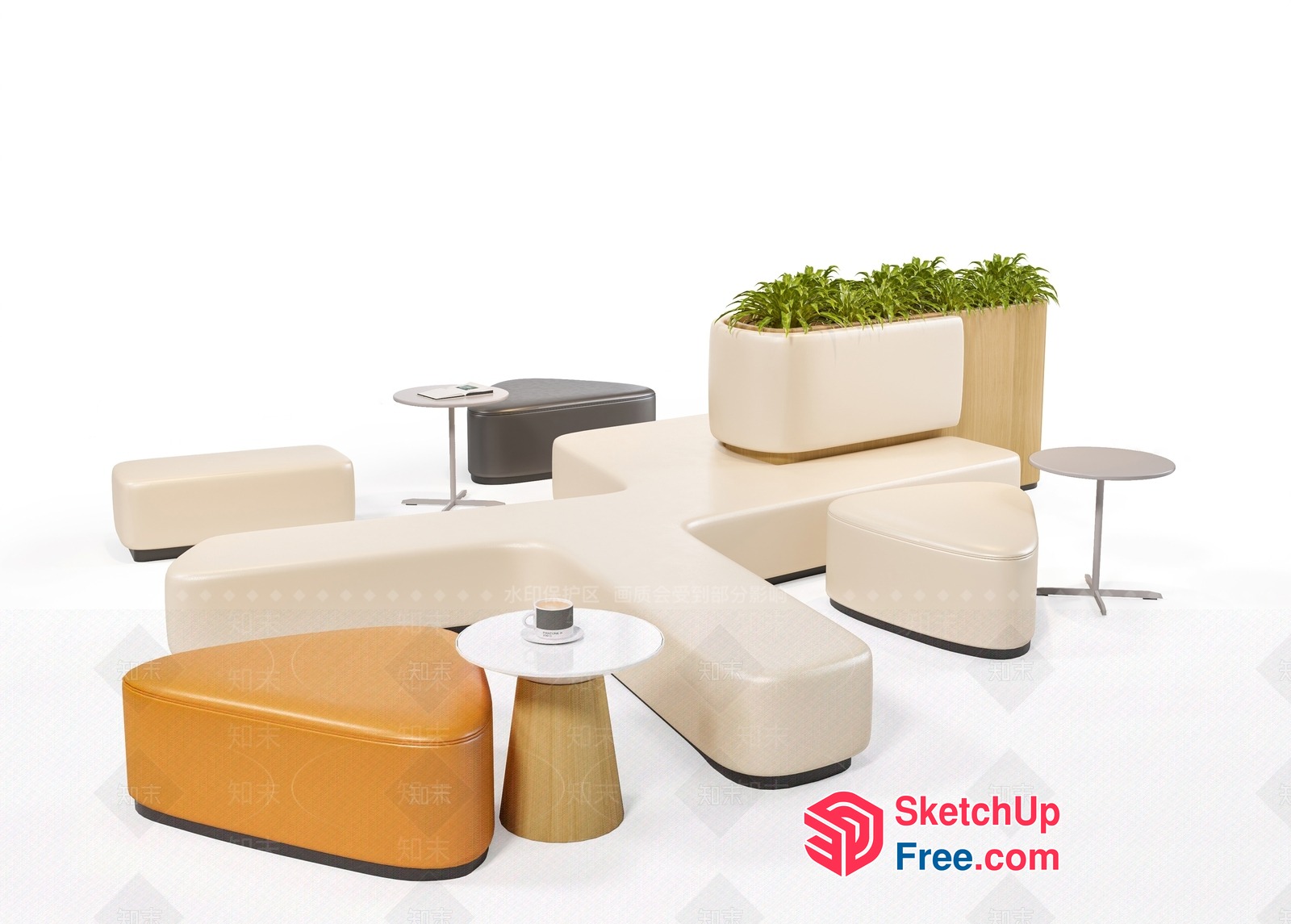 Modern Furniture Arrangement With Planters And Stools 3D SketchUp File