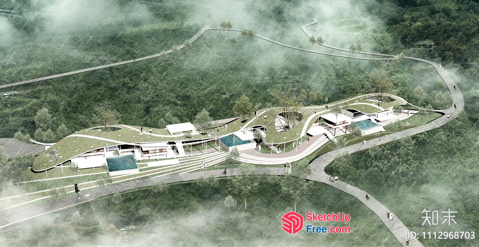 Modern Villa Exterior With Green Roof And Pool 3D SketchUp File