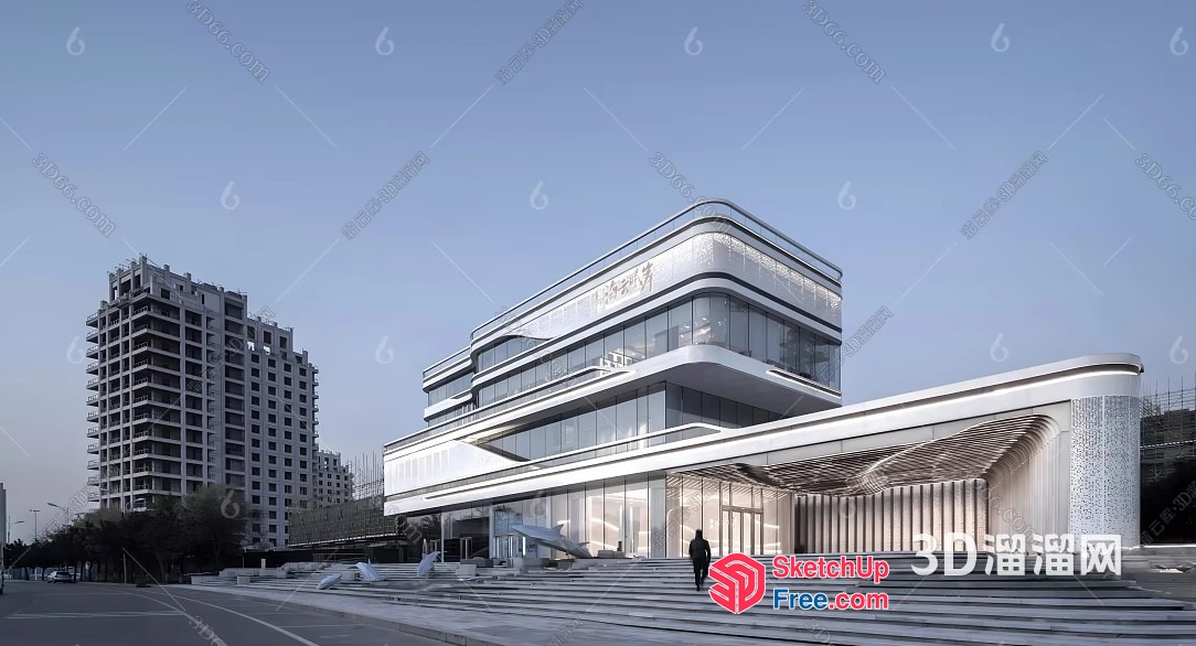 Modern Commercial Building Exterior With Stairs And Glass Curtain Wall 3D SketchUp File