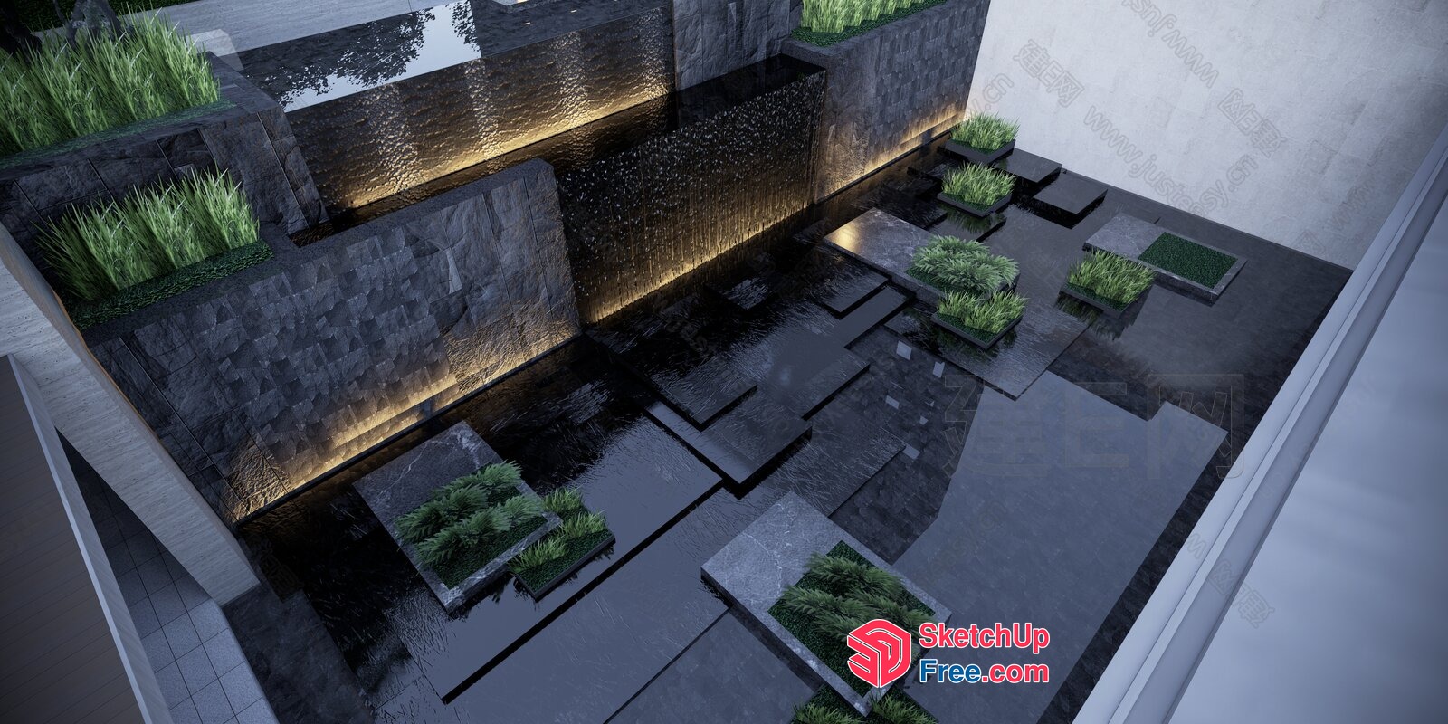 Modern Waterfall Garden Scene With Potted Plants 3D SketchUp File