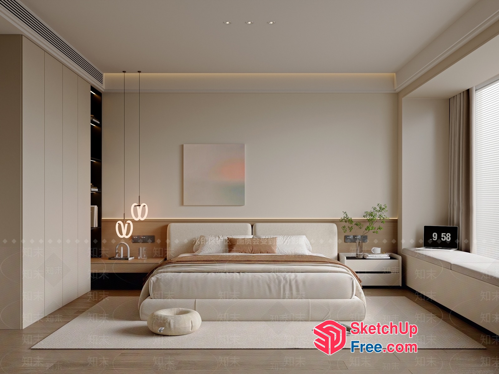 Modern Minimalist Bedroom With Creamy Style And Pillows 3D SketchUp File