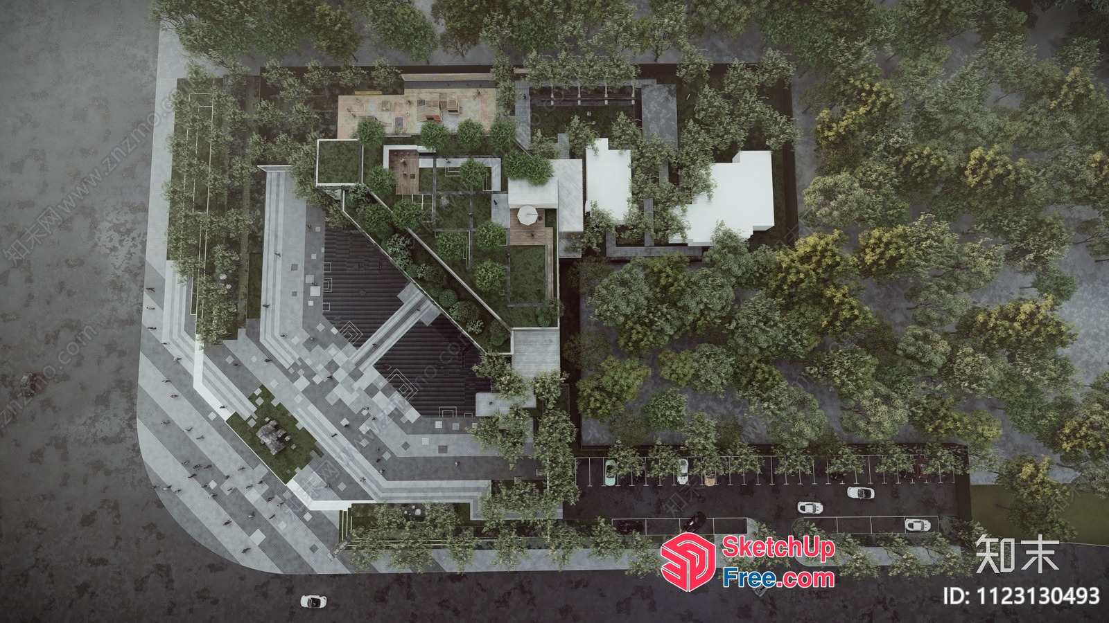 Modern Architectural Design With Rooftop Garden And Parking Area 3D SketchUp File