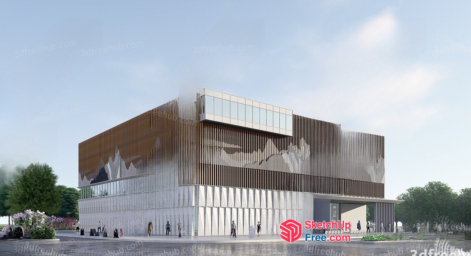 Modern Commercial Building With Glass Curtain Wall And Railing 3D SketchUp File