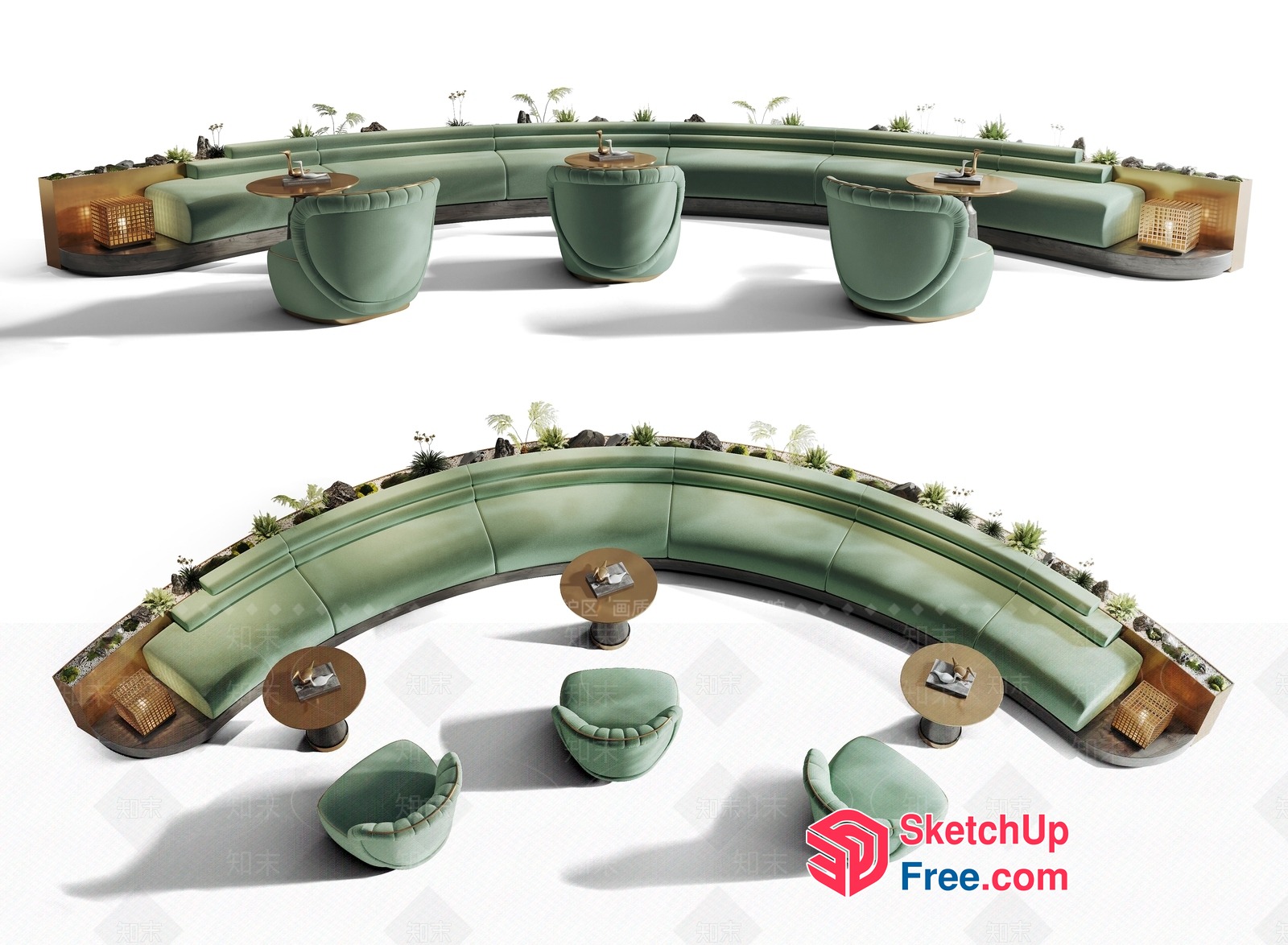 Elegant Green L-Shaped Sofa With Matching Chairs And Tables 3D SketchUp File