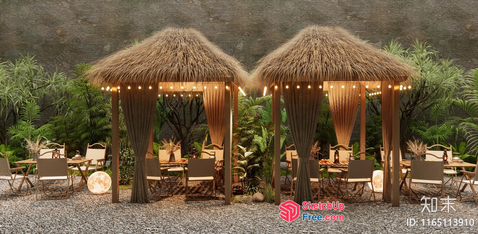 Tropical Outdoor Dining Area With Thatched Roofs And String Lights 3D SketchUp File
