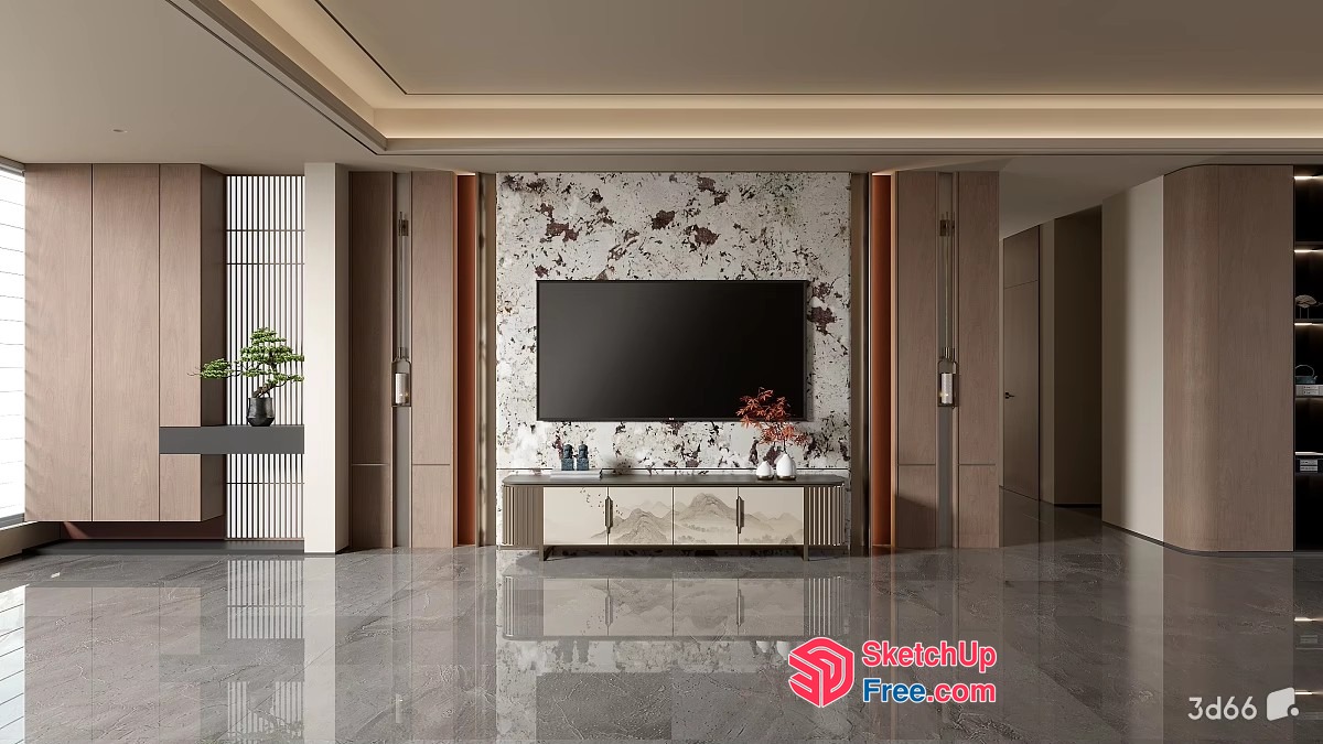 Modern Living Room With Marble Accents And Tv 3D SketchUp File