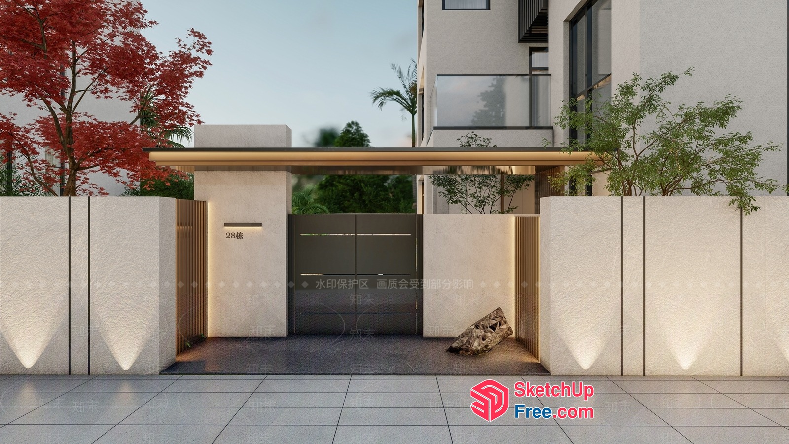 Modern Exterior Entrance With Pillars And Gate 3D SketchUp File