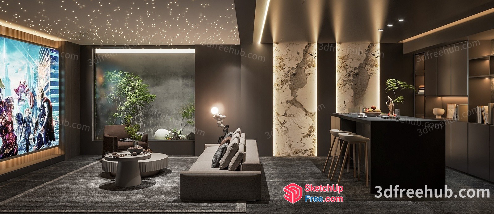 Modern Living Room With Starry Ceiling And Large Tv 3D SketchUp File