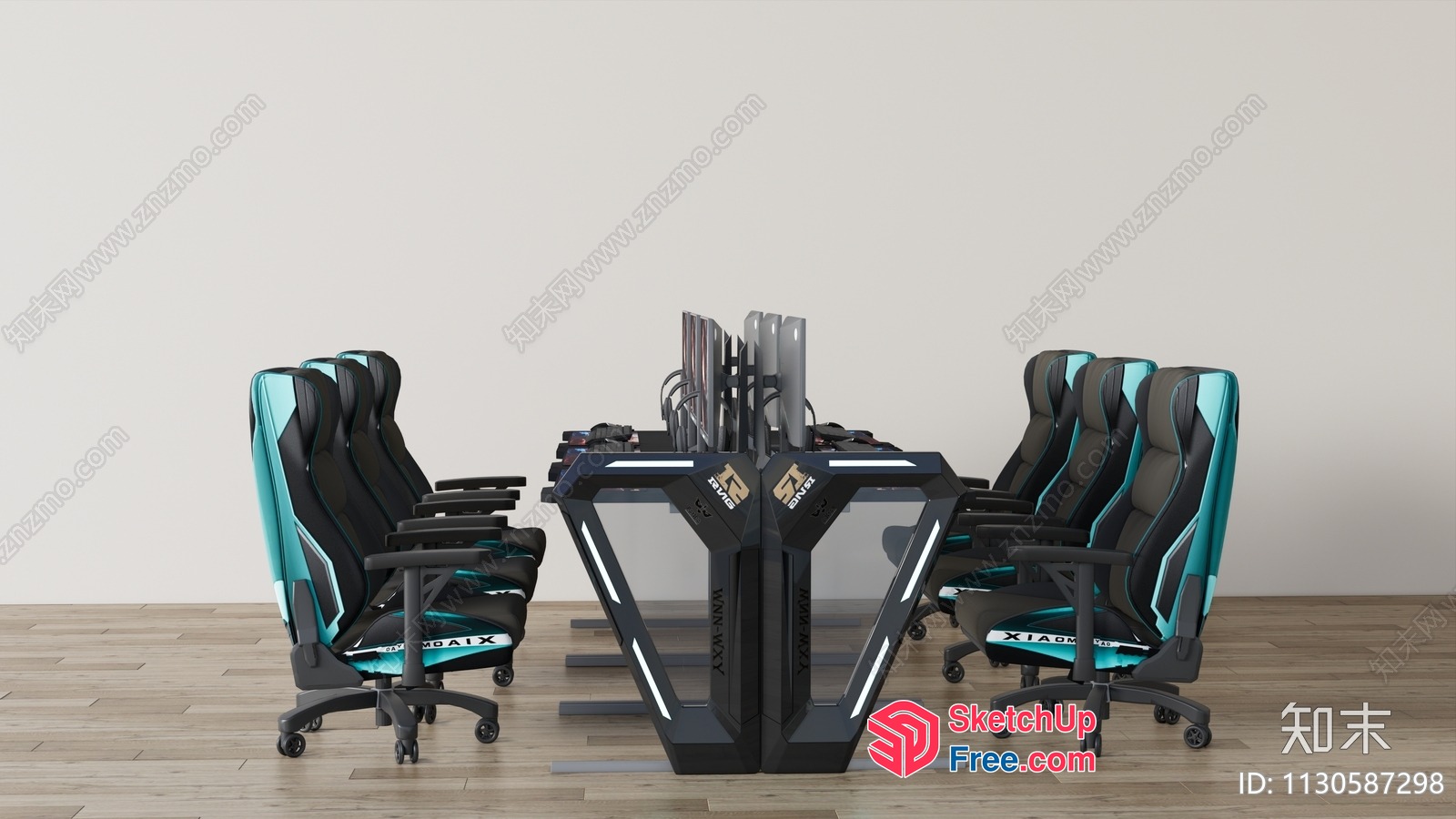 Modern Gaming Setup With Black And Teal Furniture 3D SketchUp File