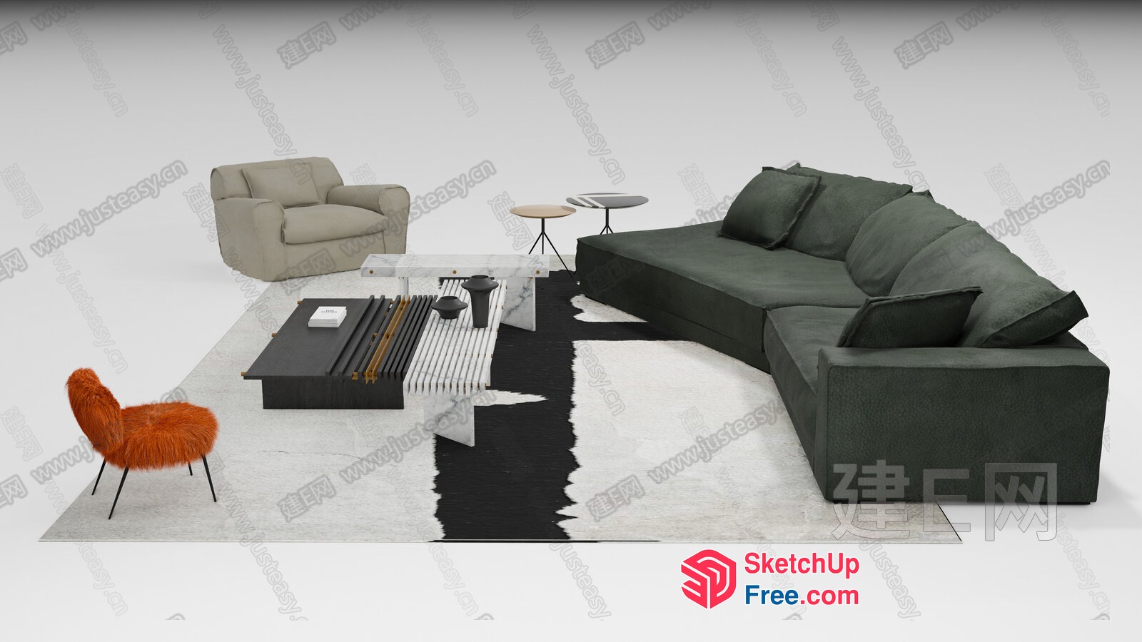 Modern Living Room With Neutral Color Scheme And L-Shaped Sofa 3D SketchUp File