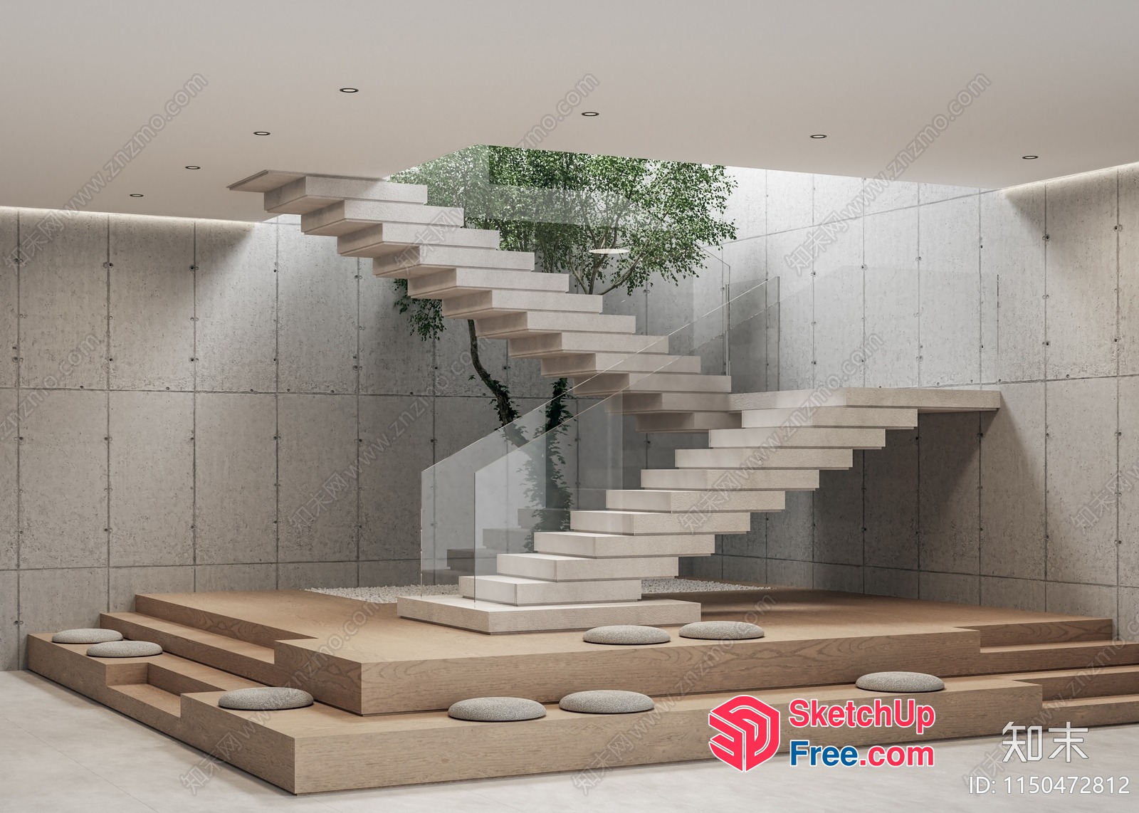 Minimalist Staircase With Glass And Wood Accents 3D SketchUp File