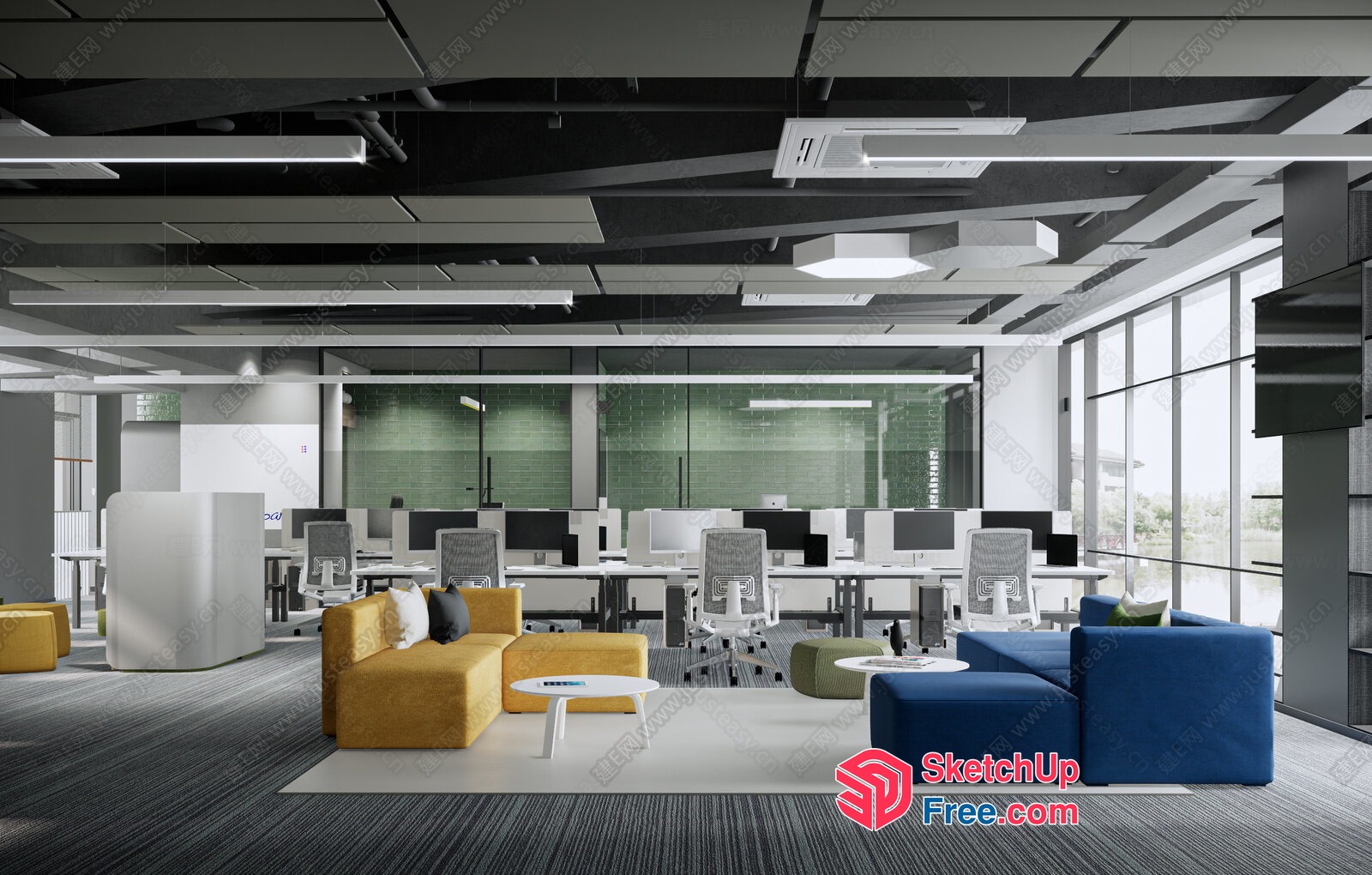 Modern Office Space With Yellow And Blue Seating 3D SketchUp File