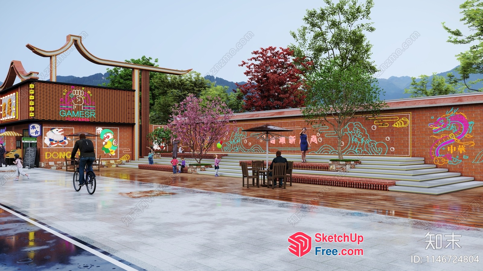 Colorful Street Scene With Asian-Inspired Decorations And People 3D SketchUp File
