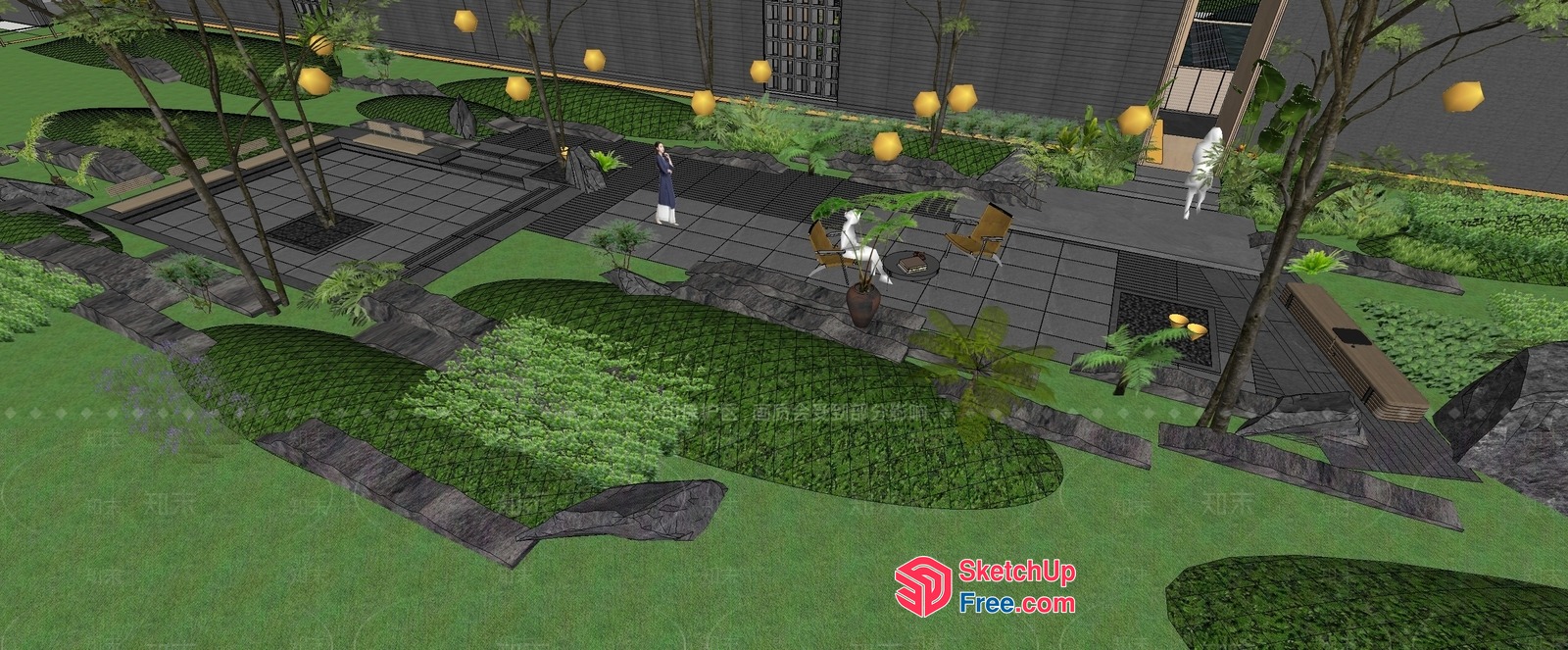 Modern Outdoor Space With Sleek Furniture And Lush Greenery 3D SketchUp File