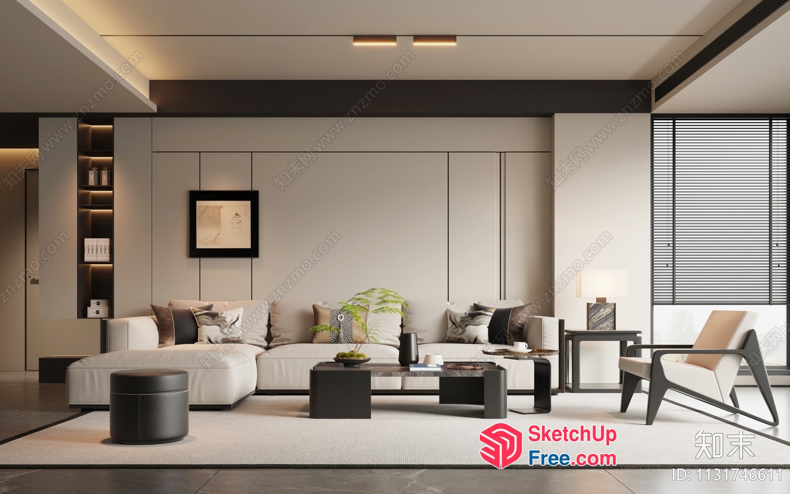 Modern Living Room With White Sofa And Black Coffee Table 3D SketchUp File
