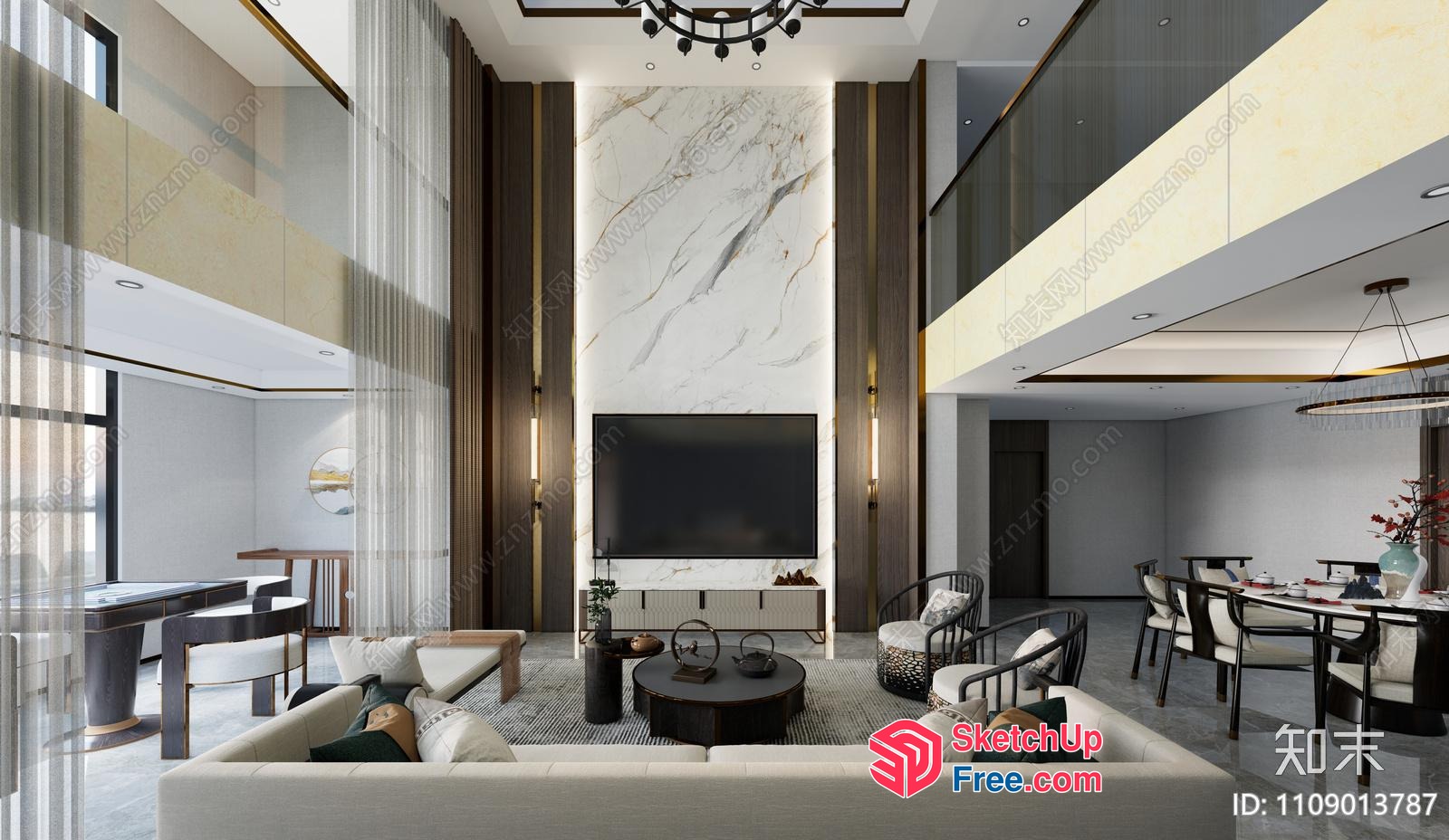 Modern Luxury Living Room With High Ceilings And Marble Wall 3D SketchUp File