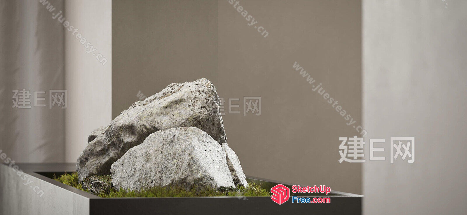 Two Large Rocks In A Dark Grey Planter 3D SketchUp File